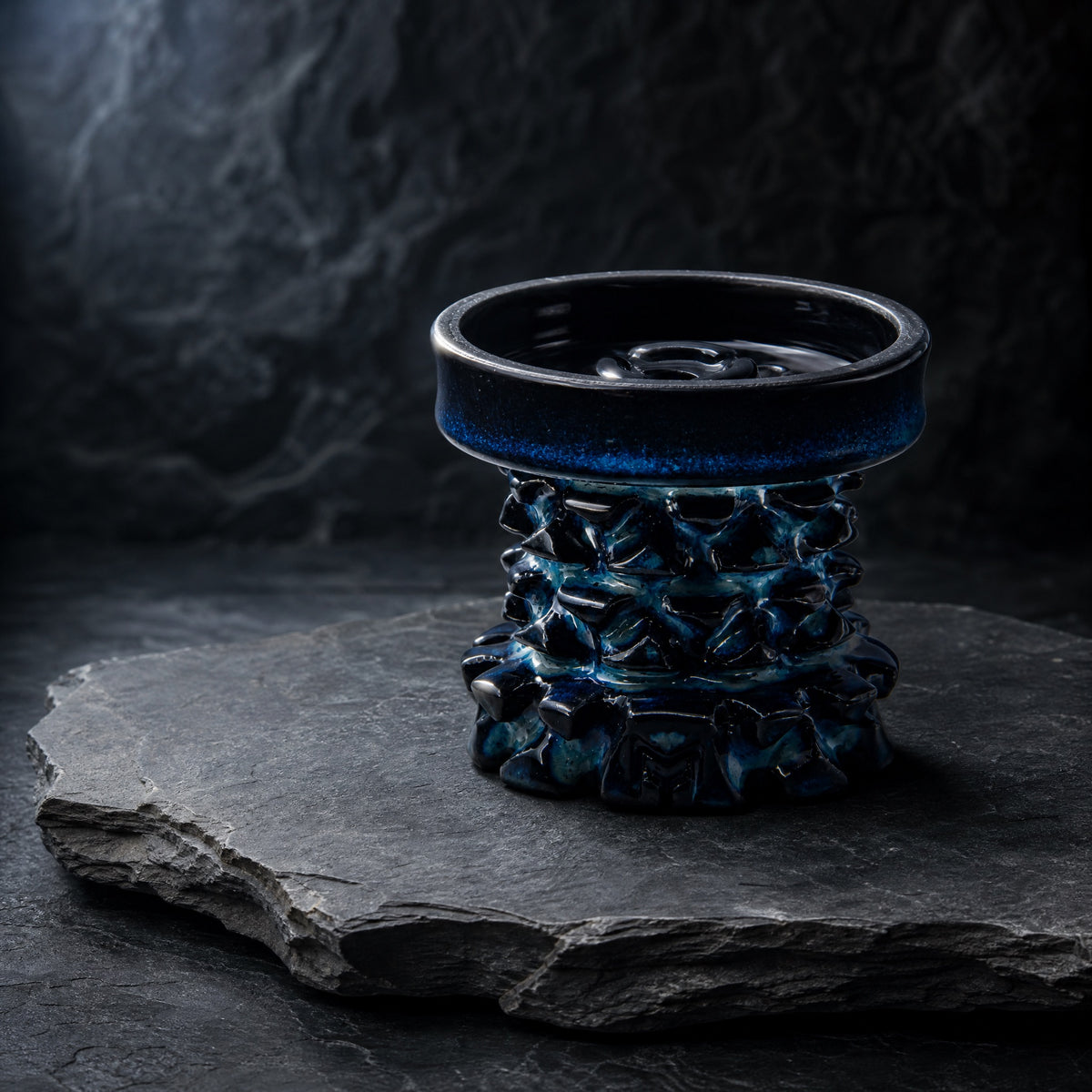 MIT Luxury Mitovation V2 Sapphire bowl on raw slate slab, mineral specimen study with cool directional light, image 2 of 6