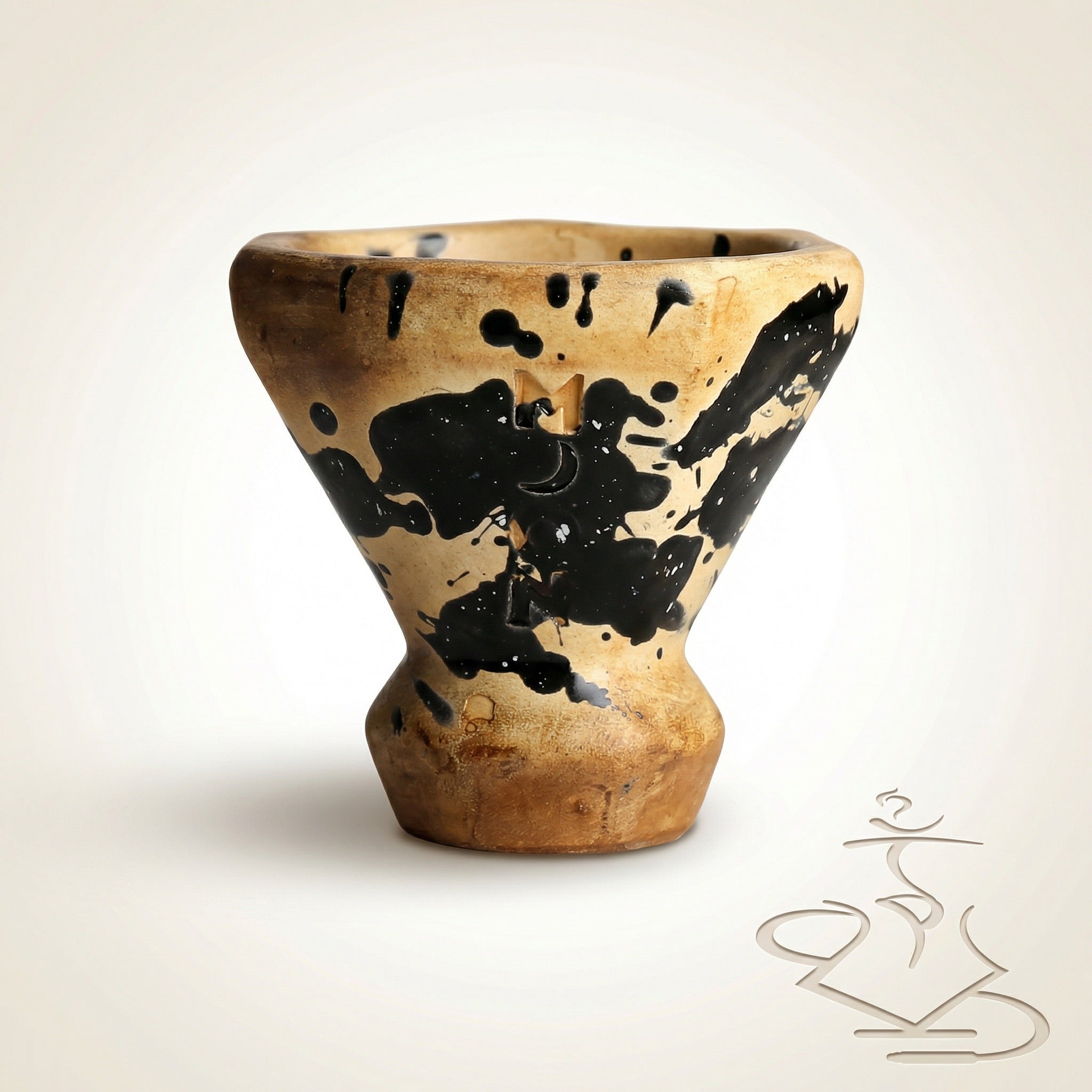 Moon Grand Cap hookah bowl in warm tan clay with black splatter glaze, 13 g handmade Egyptian-style shisha bowl on white studio background