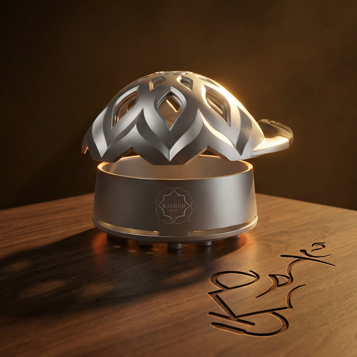 Kaloud Lotus heat management device on a dark walnut surface under warm directional lighting, the brushed aluminium lotus-cut lid lifted to reveal the chamber against a near-black backdrop., image 11 of 19