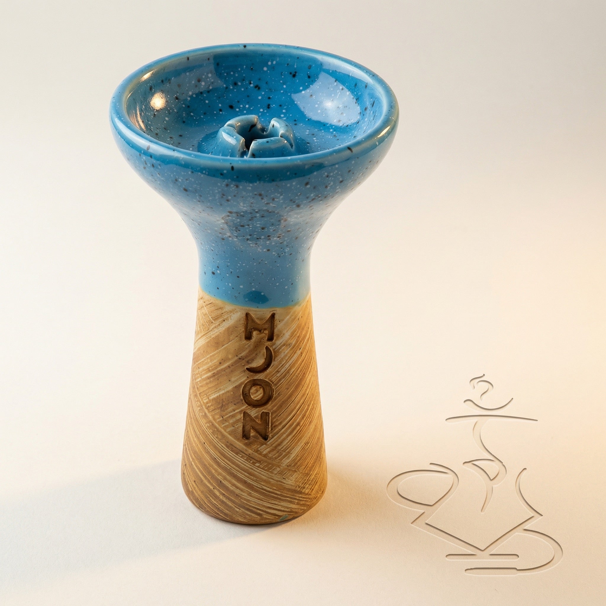 Moon Phunnel shisha bowl in speckled blue glaze with raw tan clay base and hand-stamped MOON wordmark, handmade Russian clay phunnel with single-hole spire.