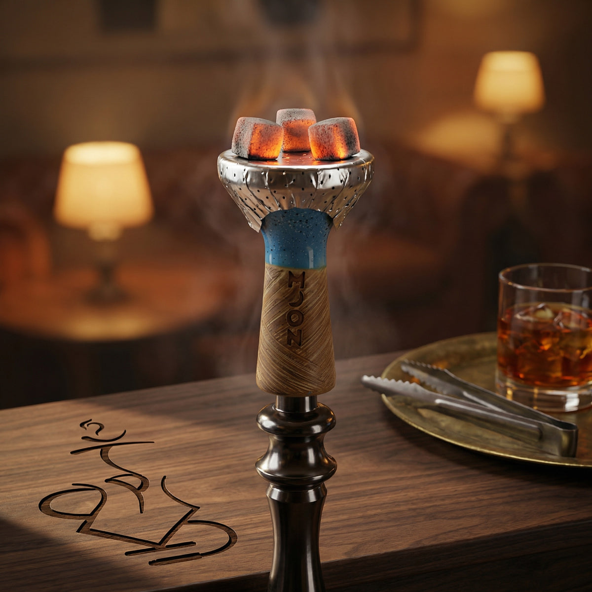 Hand using metal tongs to place a glowing coconut coal onto foil over a Moon Phunnel blue glazed bowl mounted on a hookah, captured in a warm lounge setting., image 8 of 11