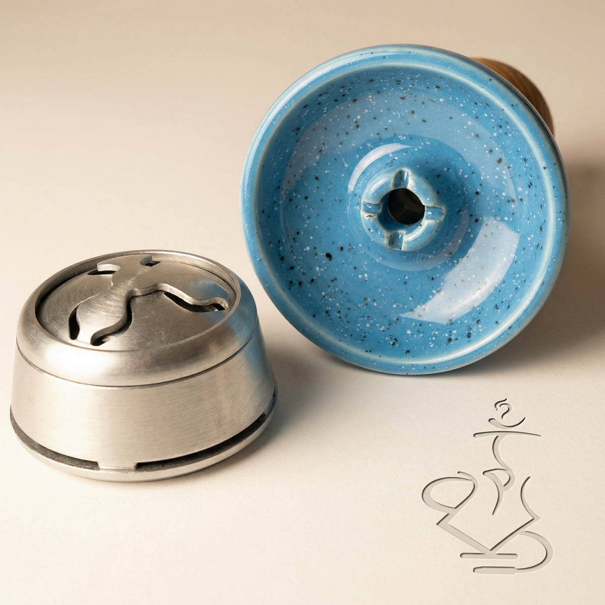 Top-down view of the Moon Phunnel blue glazed interior and single-hole phunnel spire, shown beside a Kaloud Lotus heat management device for compatibility reference., image 5 of 11