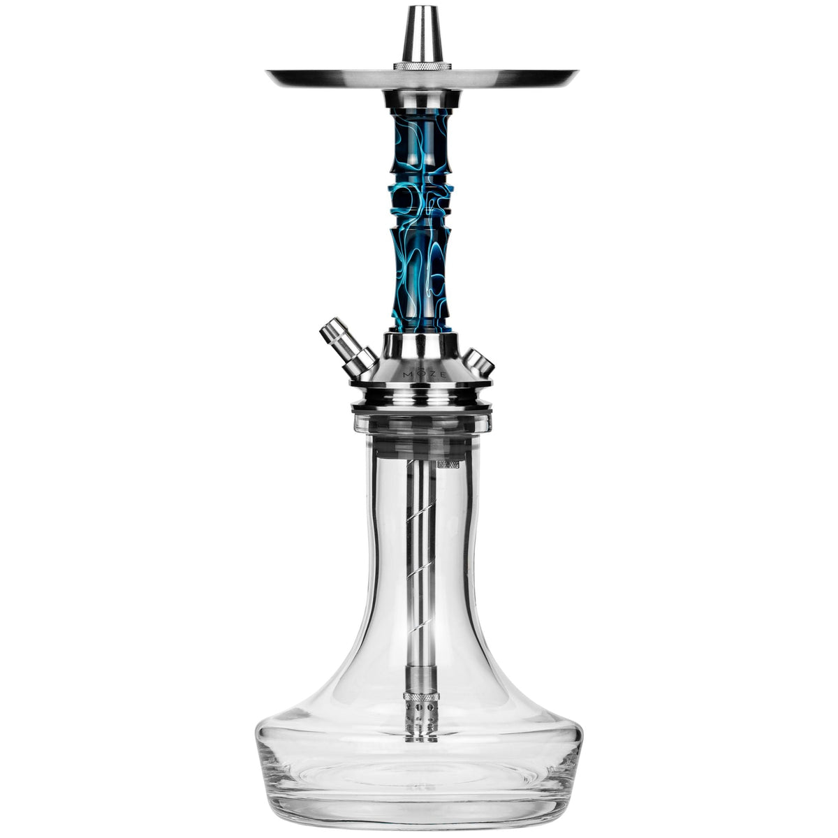 Moze Breeze Pro Wavy Blue shisha, front view of the assembled hookah showing stainless tray, blue resin stem and clear glass vase base, image 2 of 4