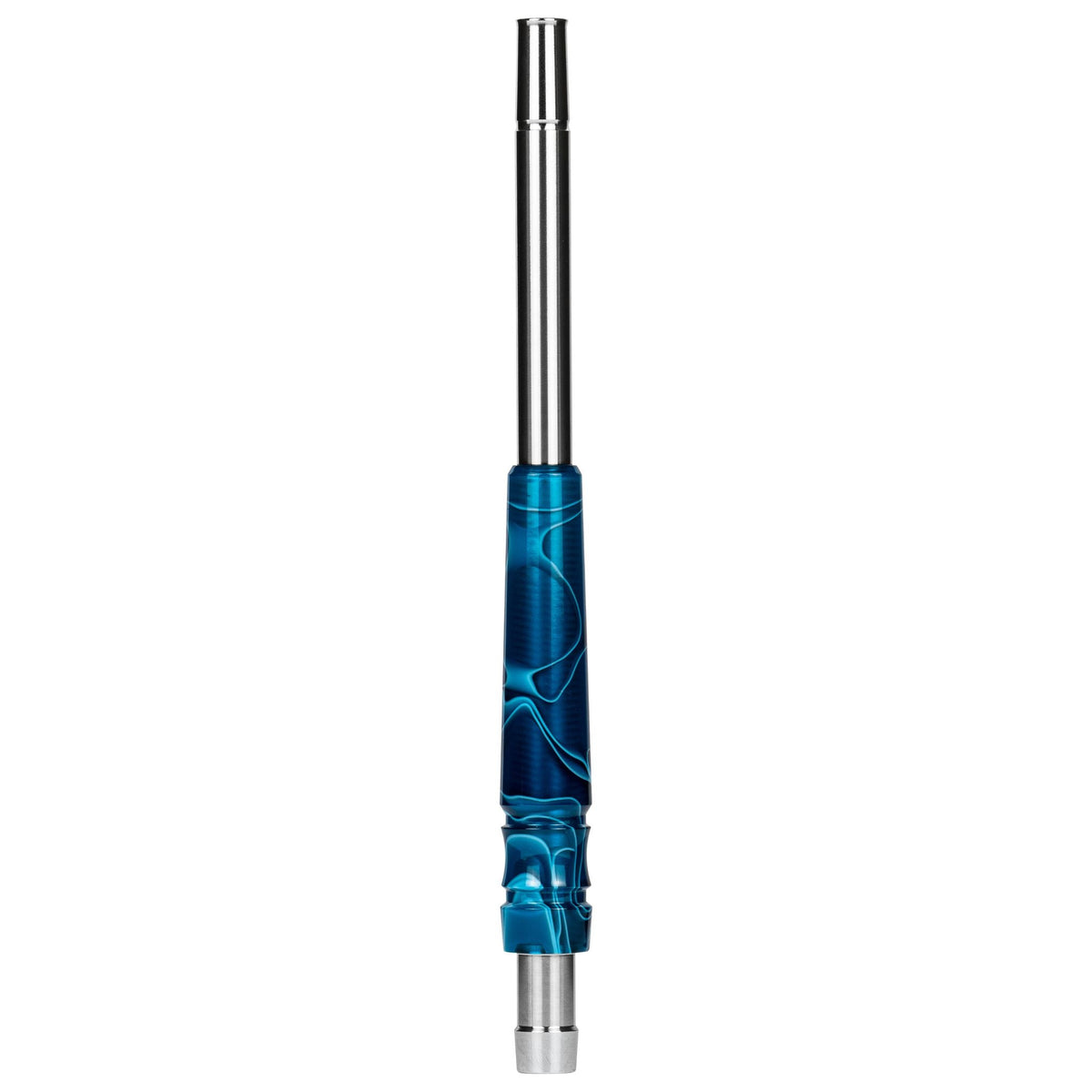 Moze Breeze Pro Wavy Blue shisha mouthpiece, stainless steel hose handle with blue swirl resin grip and polished metal tip, image 4 of 4