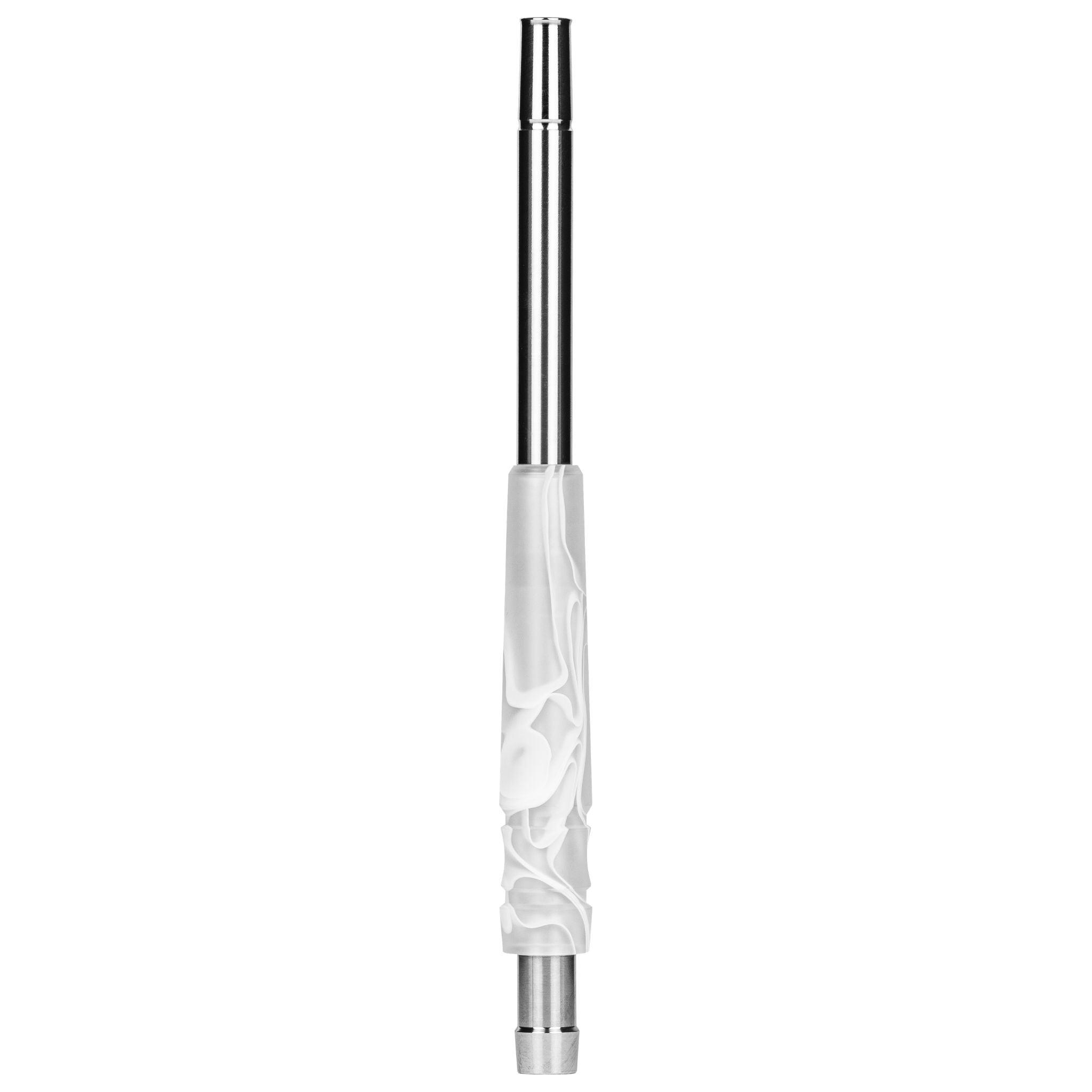 Moze Breeze Pro Wavy Frosted shisha mouthpiece, stainless steel hose handle with frosted white swirl resin grip and polished metal tip