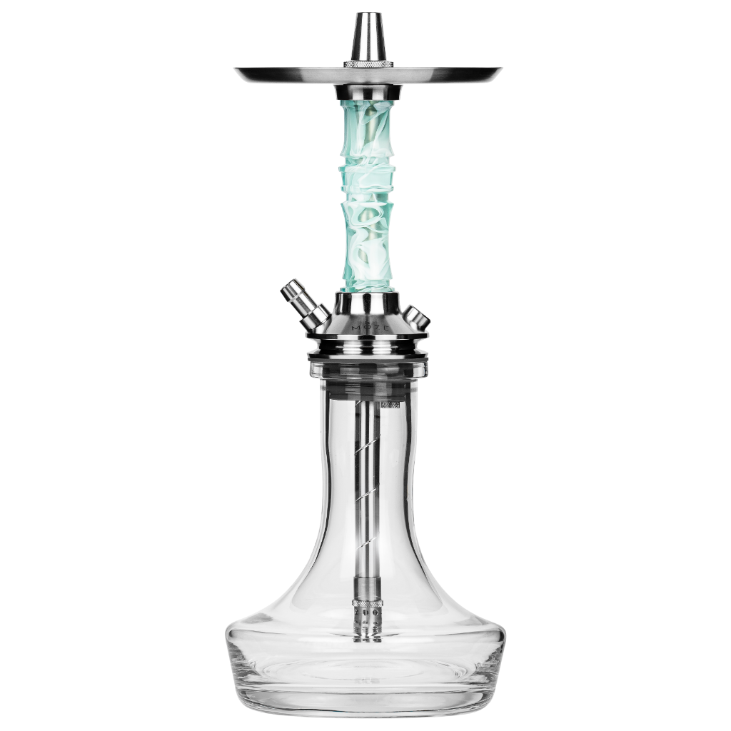 Moze Breeze Pro Wavy Mint shisha, front view of the assembled hookah showing stainless tray, mint resin stem and clear glass vase base