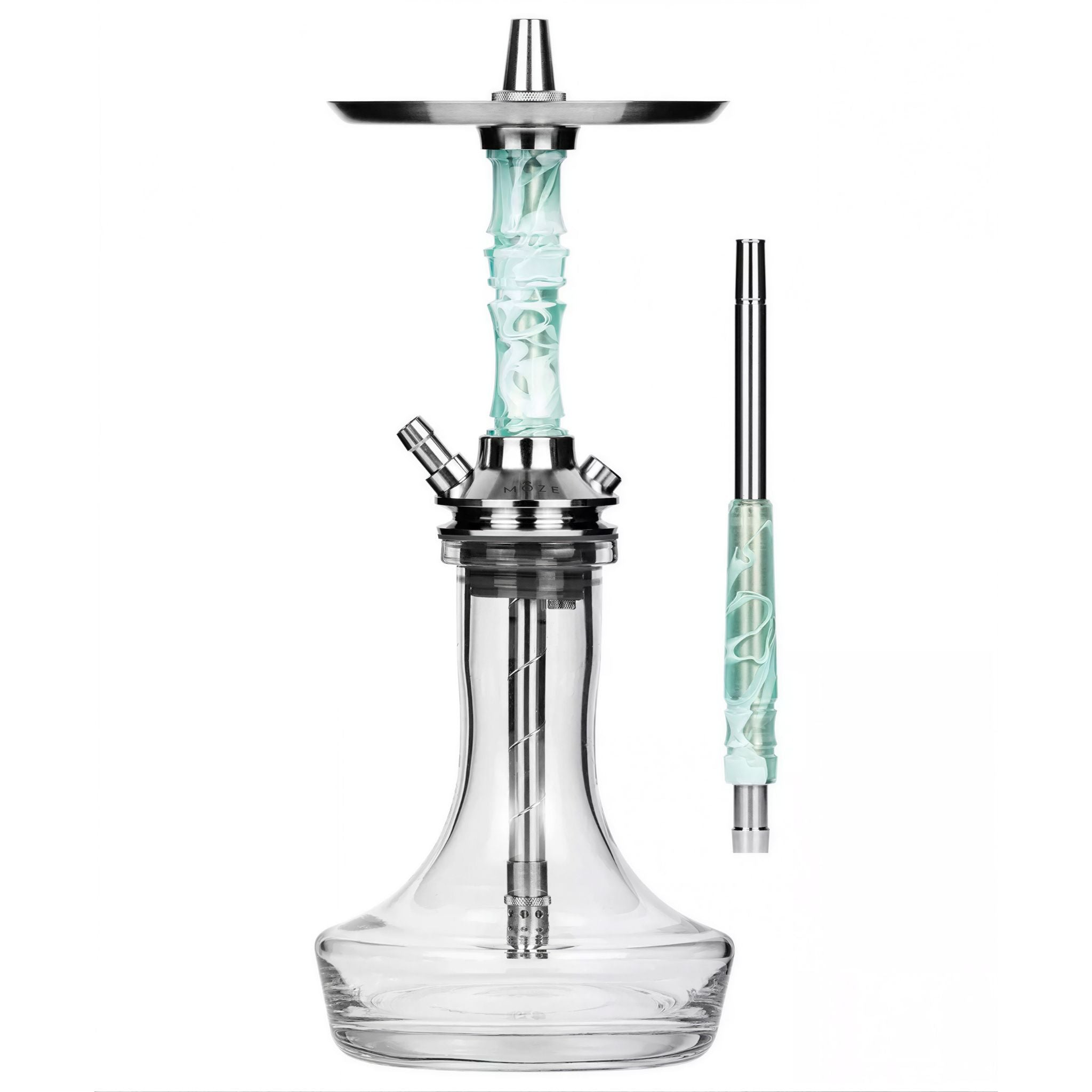 Moze Breeze Pro Wavy Mint shisha, assembled hookah with stainless tray, mint resin stem, clear glass base and mouthpiece, from The Premium Way