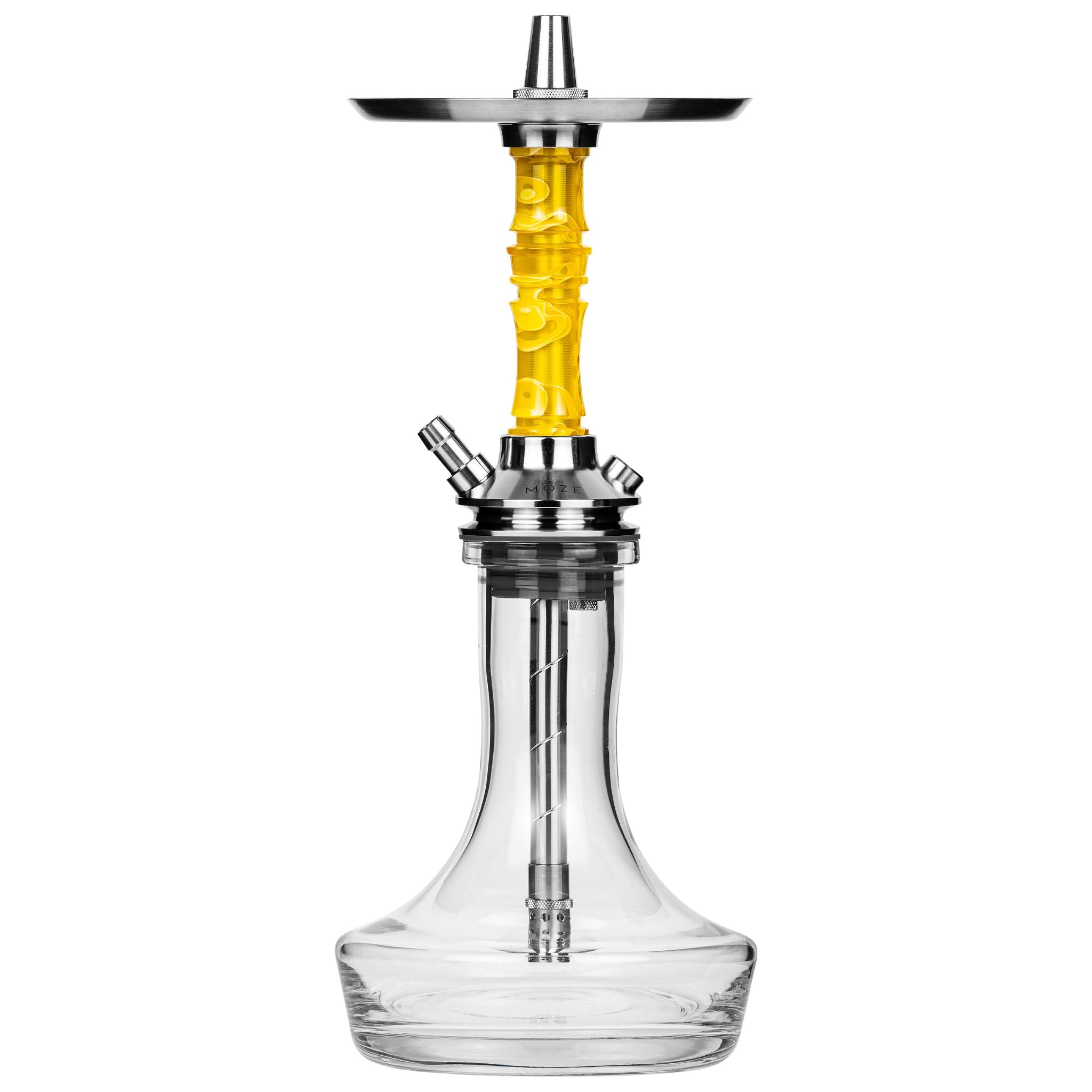 Moze Breeze Pro Wavy Yellow shisha, front view of the assembled hookah showing stainless tray, yellow resin stem and clear glass vase base