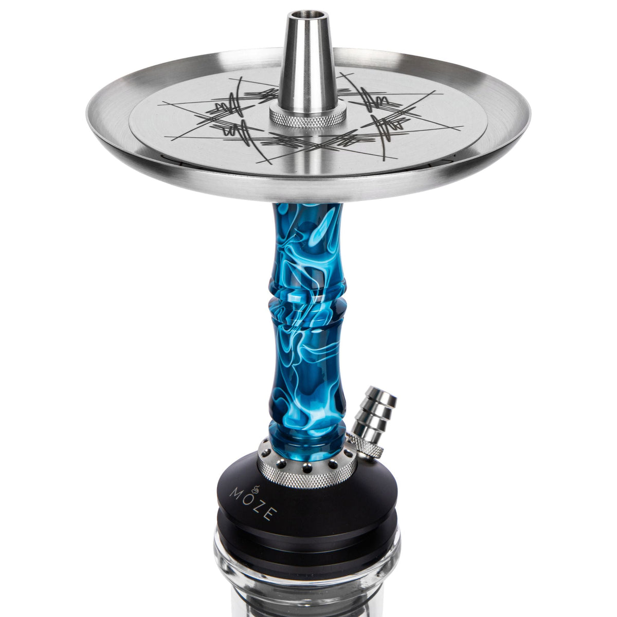 Moze Breeze Two Wavy Blue shisha upper section, compass-engraved stainless coal tray, blue wavy resin stem and MOZE purge base detail, image 3 of 7