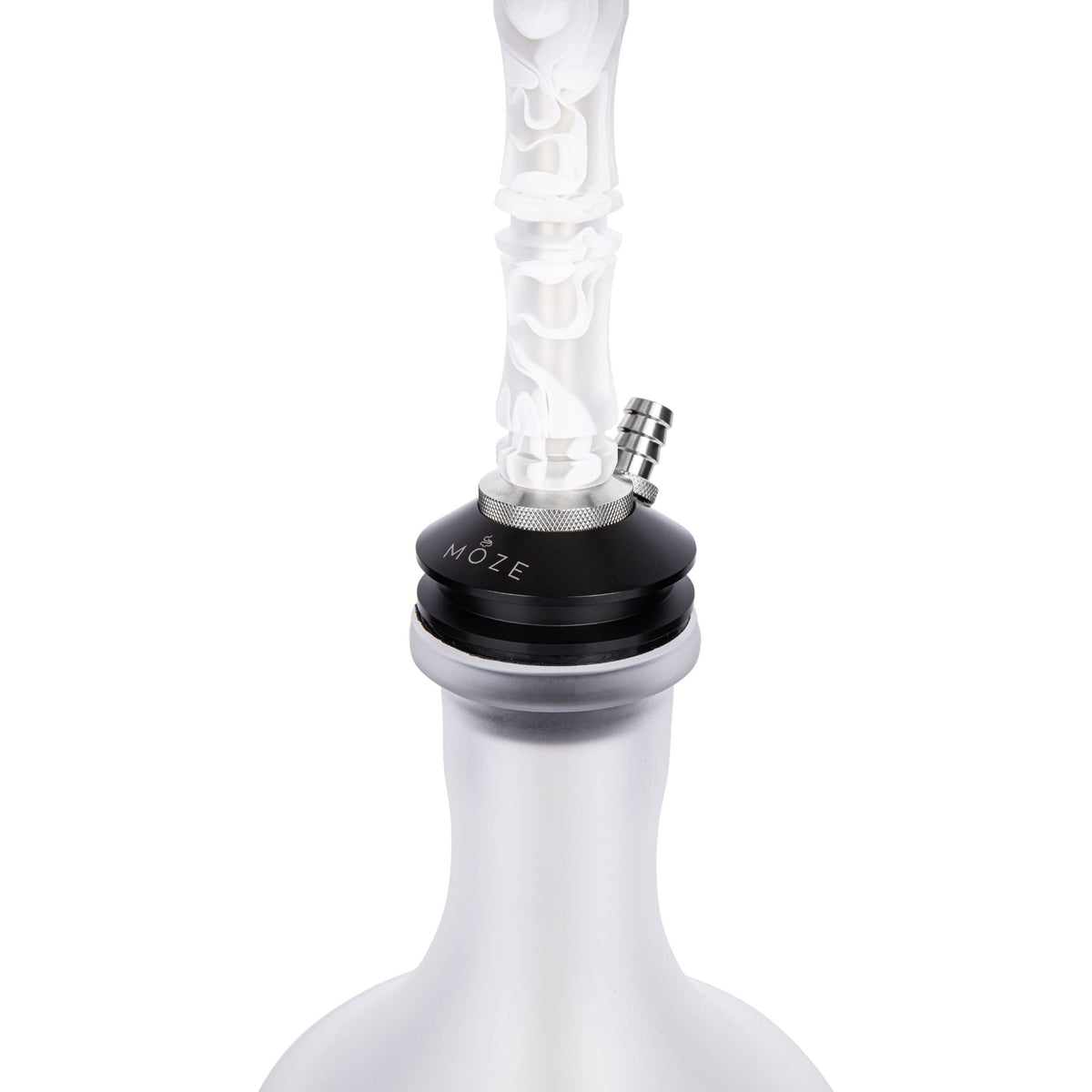 Moze Breeze Two Wavy Frosted shisha base detail, frosted wavy resin stem into MOZE POM base with single hose port and frosted glass top, image 4 of 7