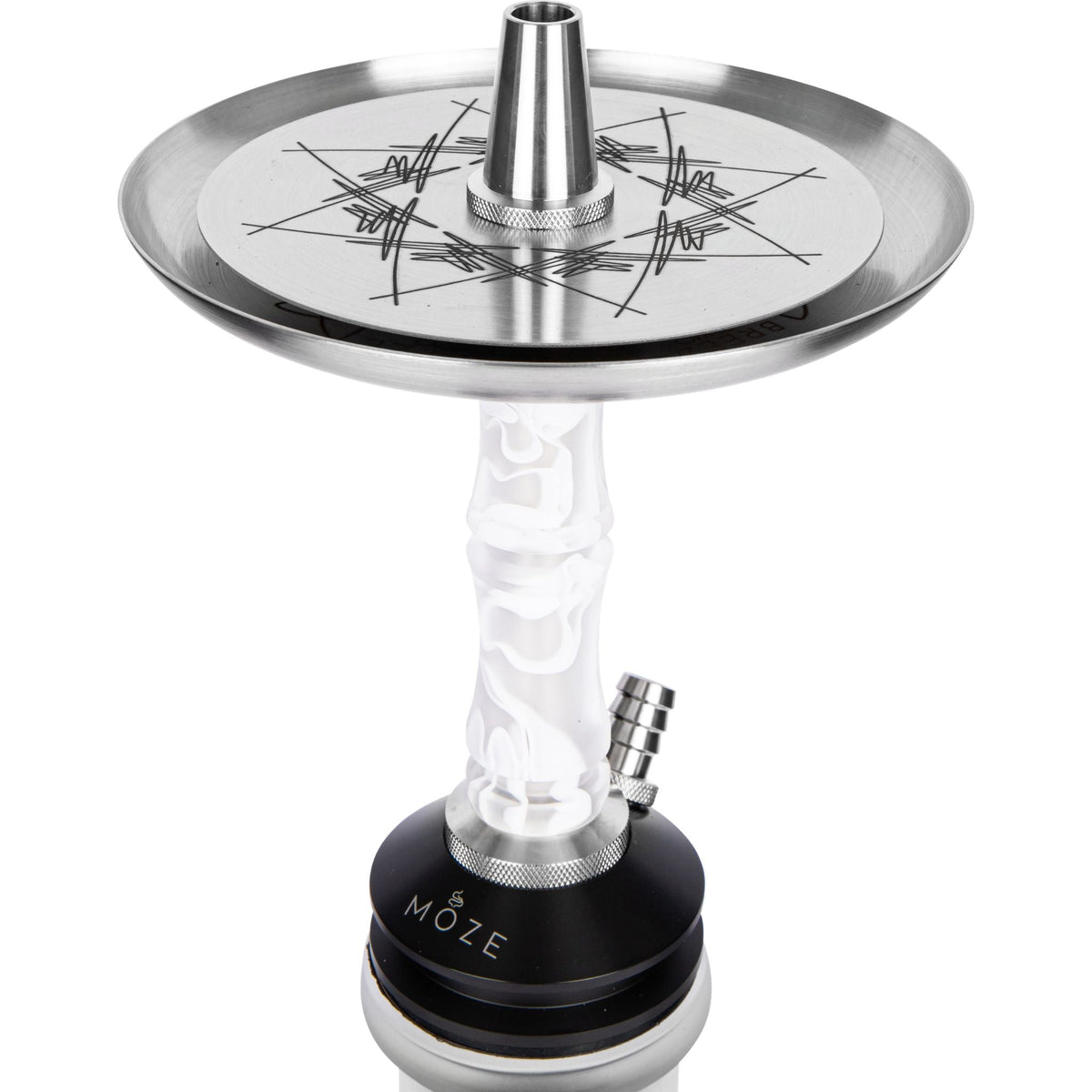 Moze Breeze Two Wavy Frosted shisha upper section, compass-engraved stainless coal tray, frosted wavy resin stem and MOZE purge base detail, image 3 of 7