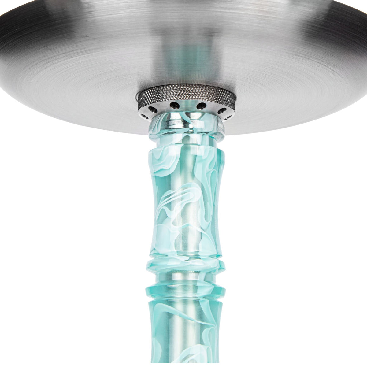 Moze Breeze Two Wavy Mint shisha coal plate underside, perforated stainless purge plate and mint wavy resin stem viewed from below, image 5 of 10