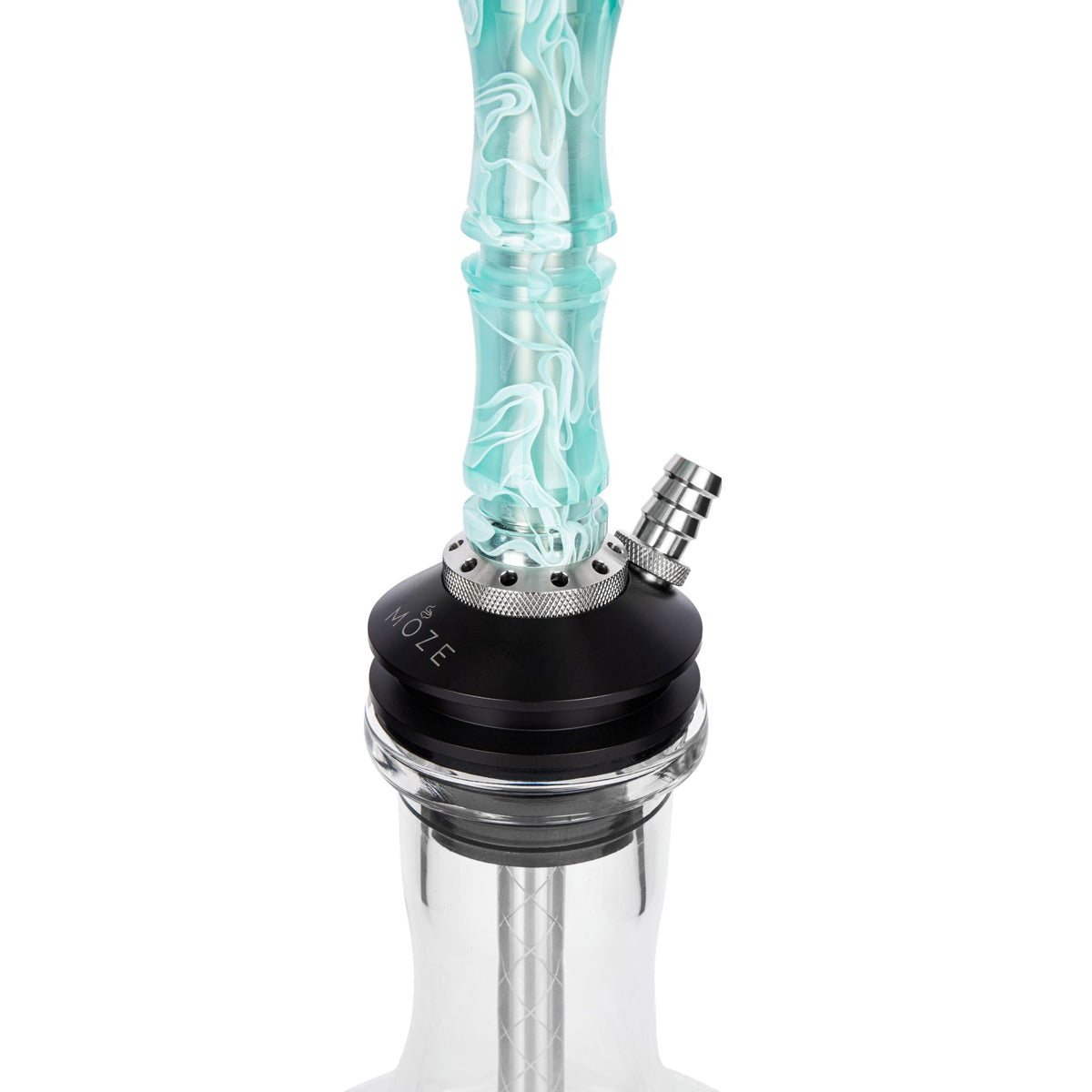 Moze Breeze Two Wavy Mint shisha purge base detail, mint wavy resin stem into MOZE POM base with knurled ring and single hose port, image 3 of 10
