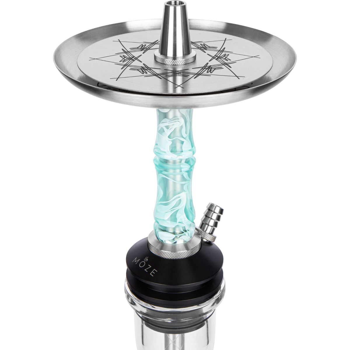 Moze Breeze Two Wavy Mint shisha upper section, compass-engraved stainless tray, mint wavy resin stem and MOZE purge base detail, image 7 of 10