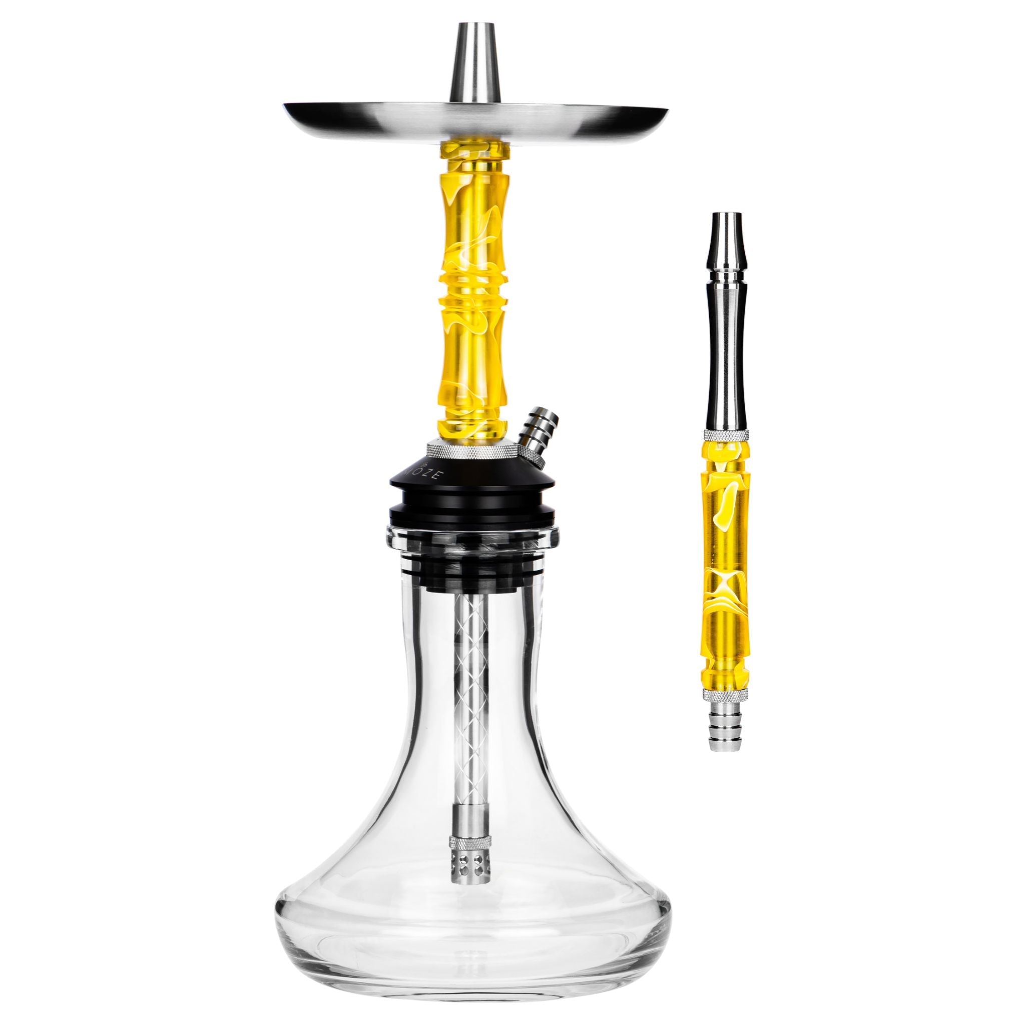 Moze Breeze Two Wavy Yellow shisha, full body with bold yellow resin stem, clear glass base, stainless tray and mouthpiece, from The Premium Way