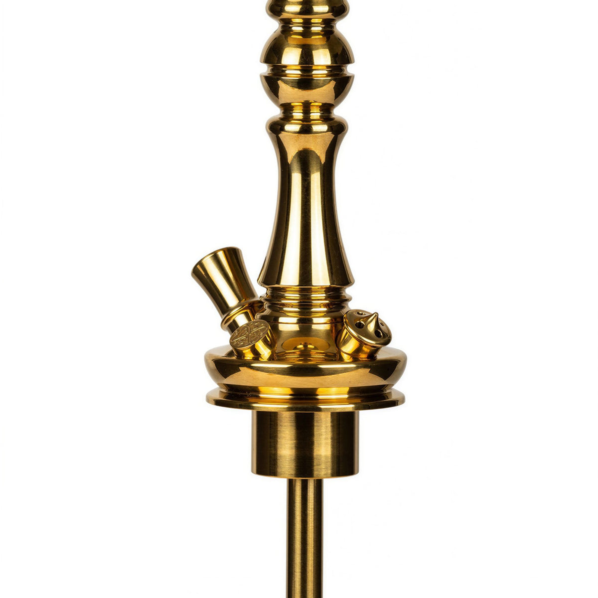 Detail of the Moze Tradi M Gold shisha gold base connector and downstem fitting above the cut-glass vessel, image 5 of 7