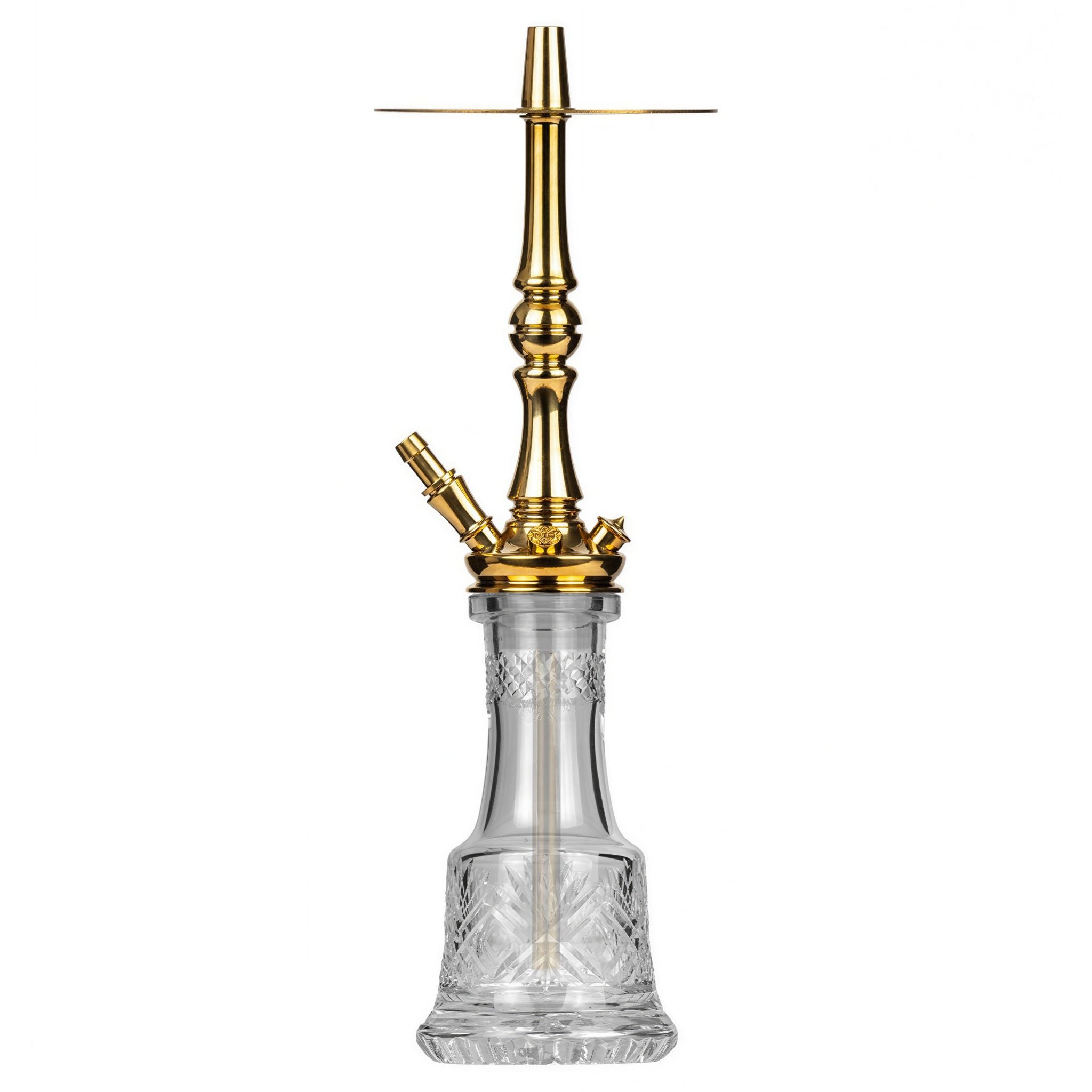 Moze Tradi M Gold traditional shisha front view, polished gold stem and wide charcoal tray on a clear cut-glass base