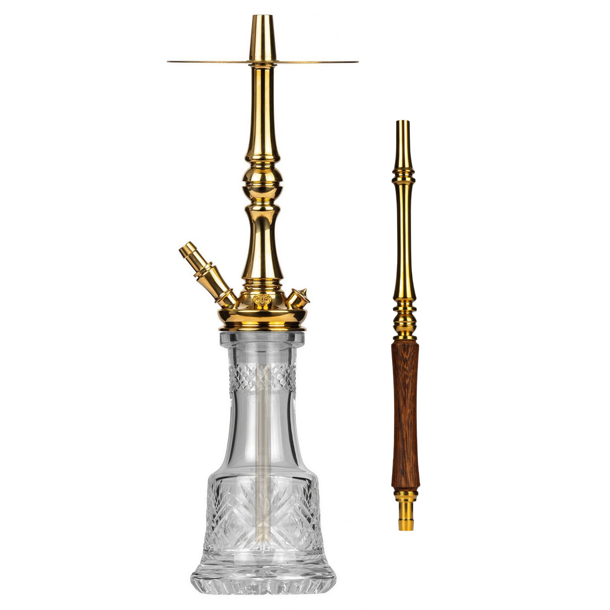 Moze Tradi M Gold traditional shisha, full polished-gold stem with cut-glass base and matching wood-and-gold mouthpiece, from The Premium Way