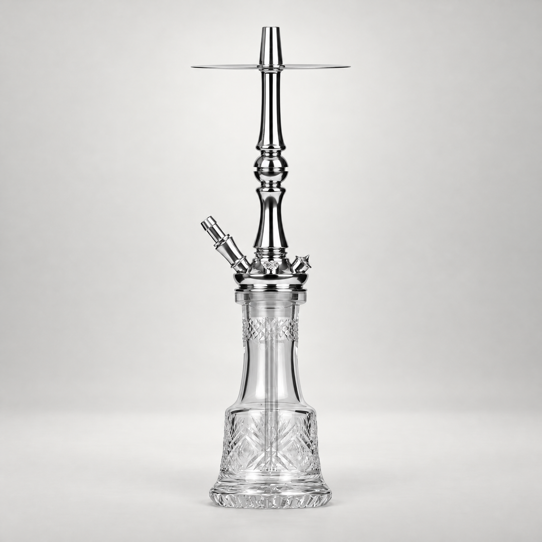 Moze Tradi M Silver Cut Glass Shisha, the whole pipe on a plain light studio background