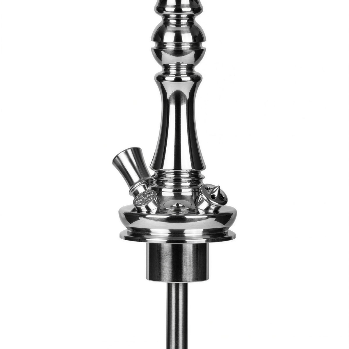 Detail of the Moze Tradi M Silver shisha chrome base connector and downstem fitting above the cut-glass vessel, image 6 of 7