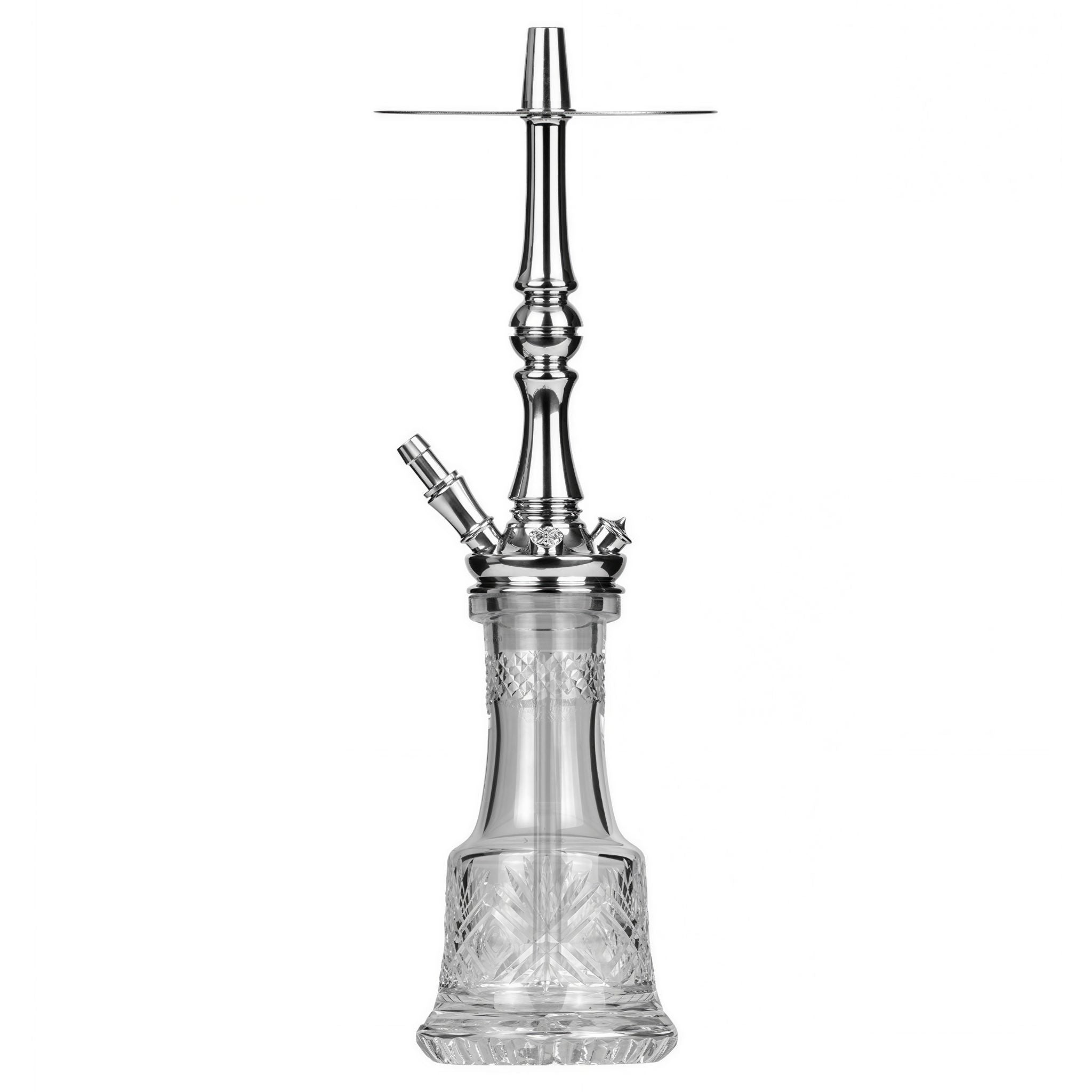 Moze Tradi M Silver traditional shisha front view, polished chrome stem and wide charcoal tray on a clear cut-glass base