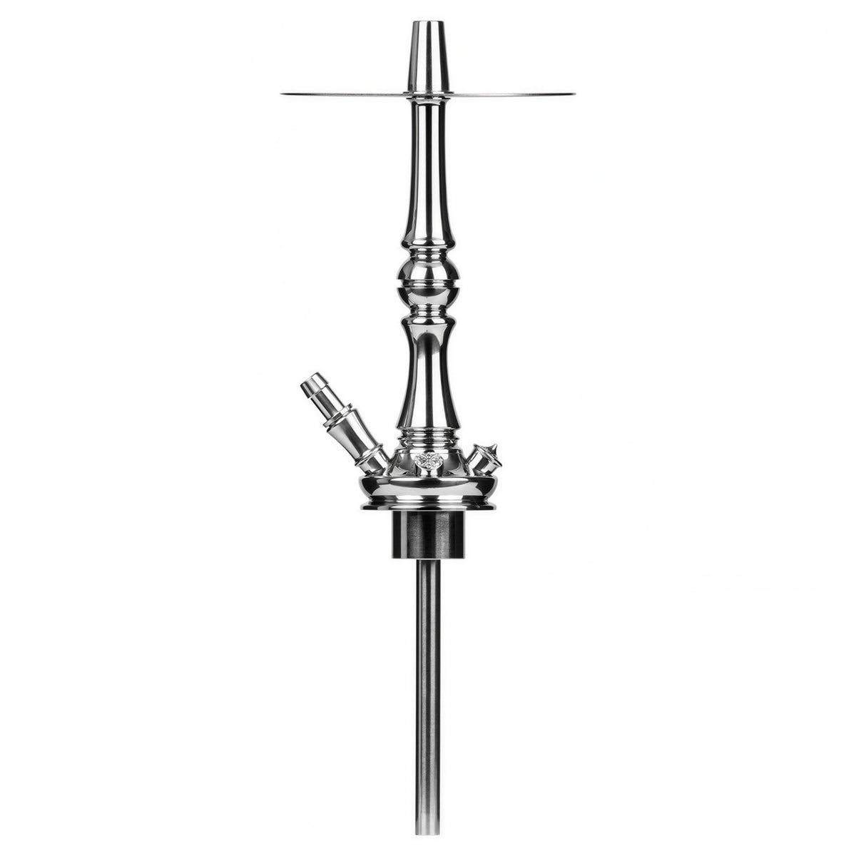 Moze Tradi M Silver shisha chrome stem and purge valve with the long stainless downstem extended below the body, image 3 of 7