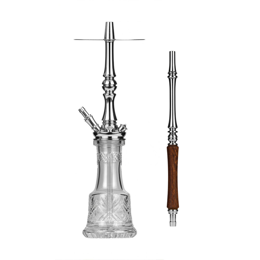 Moze Tradi M Silver traditional shisha, polished chrome stem with cut-glass base and matching wood-and-chrome mouthpiece