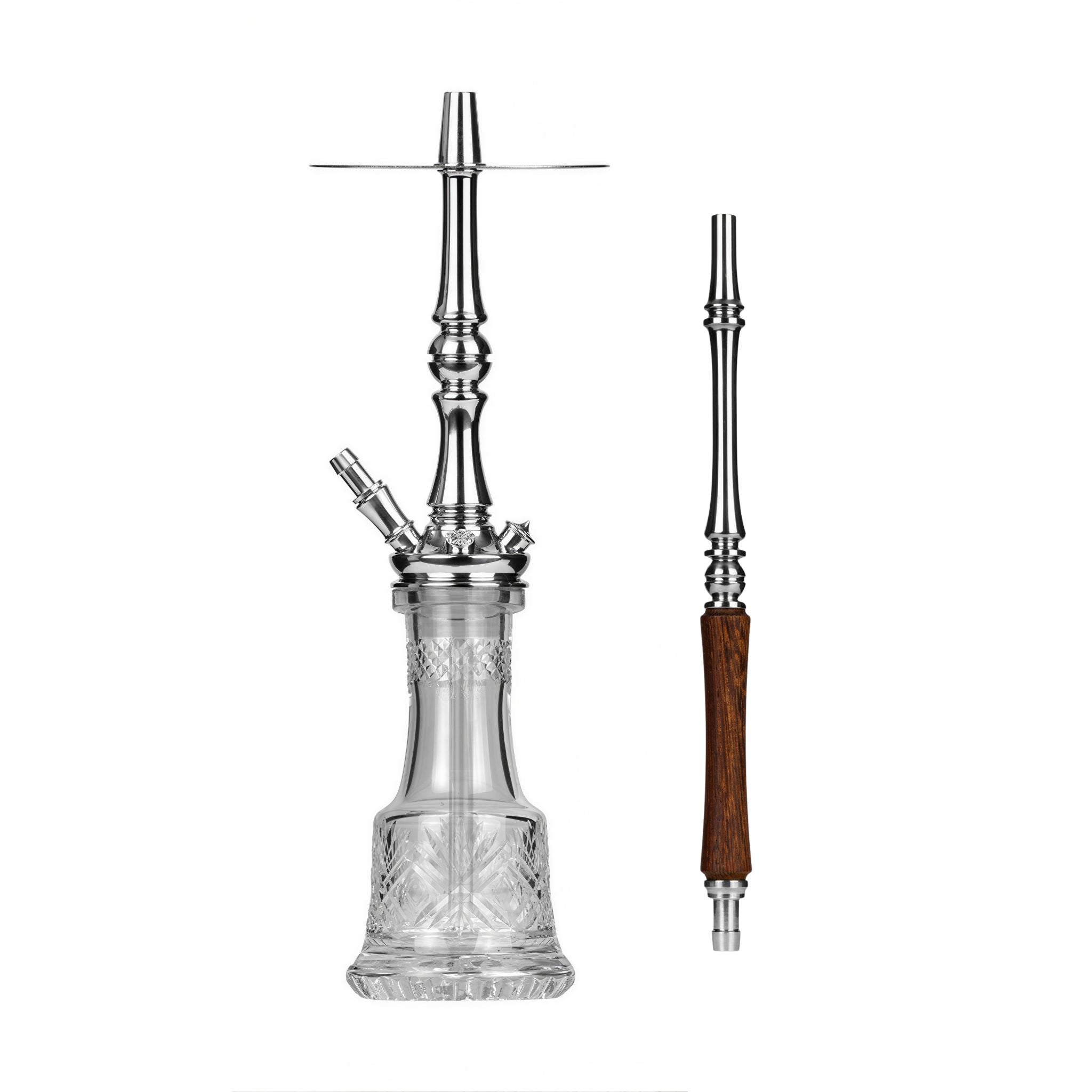 Moze Tradi M Silver traditional shisha, polished chrome stem with cut-glass base and matching wood-and-chrome mouthpiece, from The Premium Way