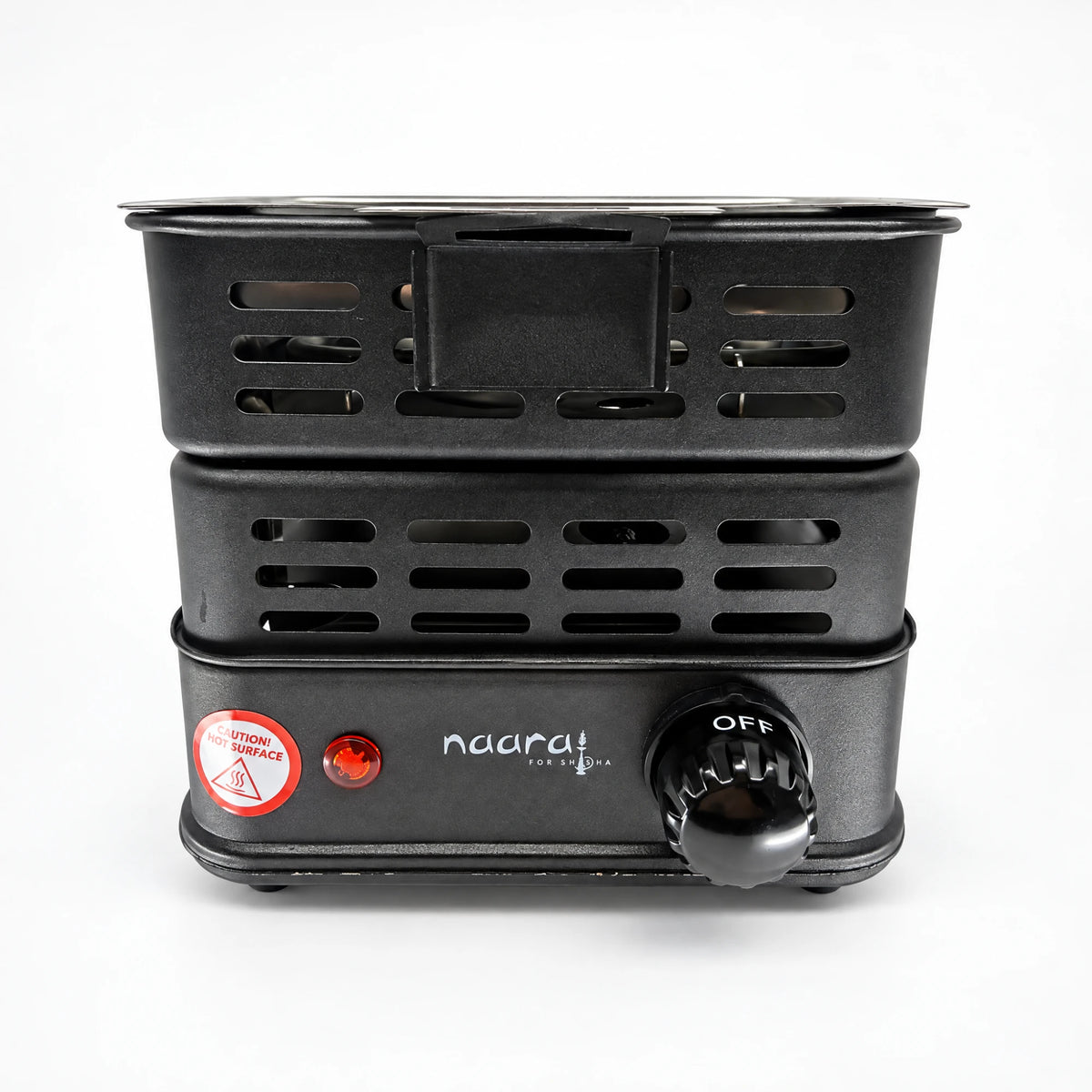 Front of the Naara electric charcoal burner with power light and 0 to 5 heat dial, image 2 of 5