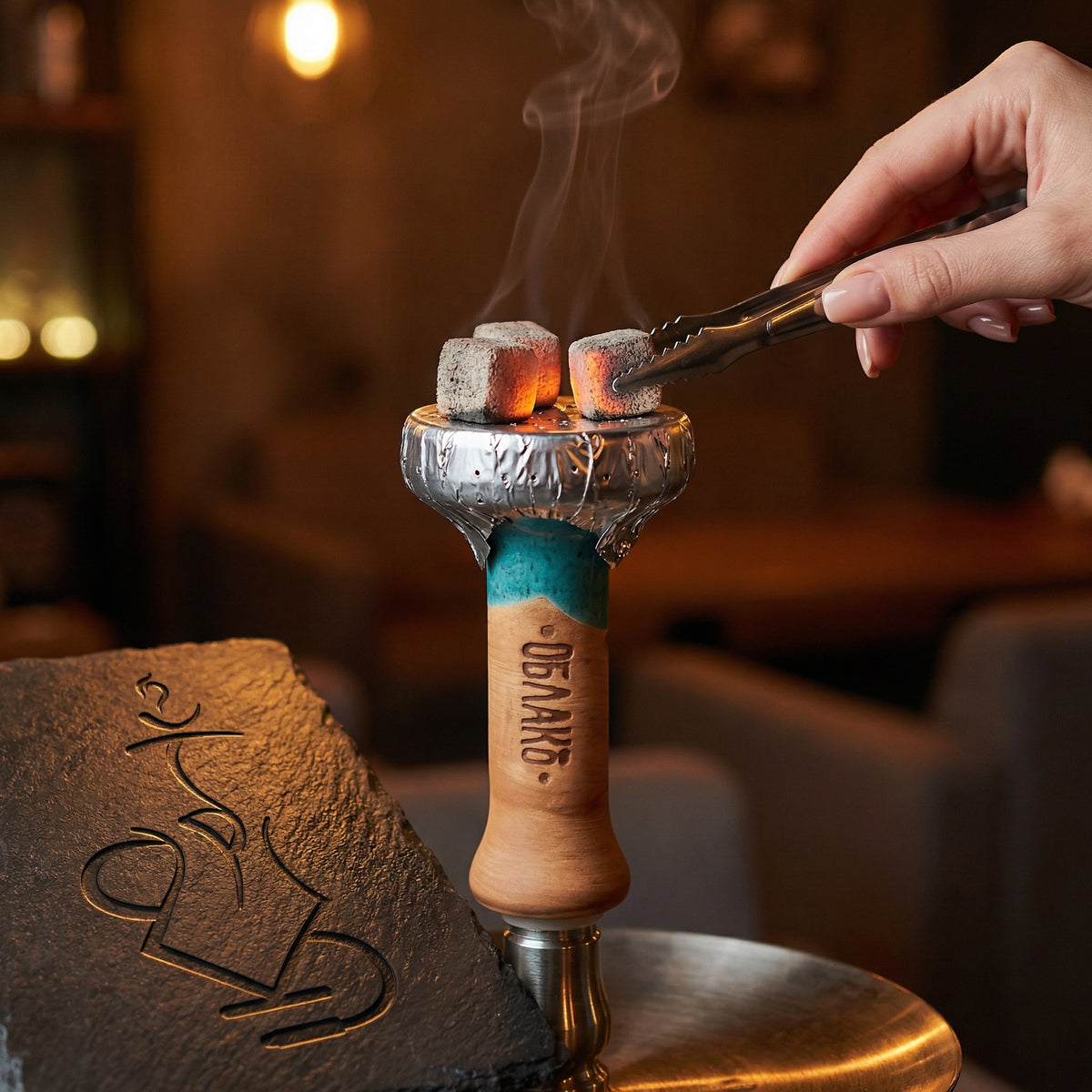 Oblako Phunnel S glazed shisha bowl mounted on hookah with heat management device and glowing coals, session-ready, image 4 of 28