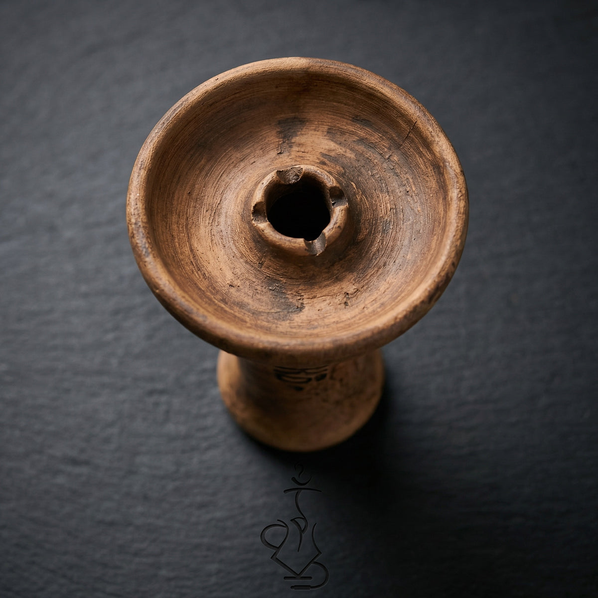 Oblako Phunnel S unglazed shisha bowl top-down macro showing crater-shaped phunnel hole and handmade Russian stoneware texture, image 3 of 28