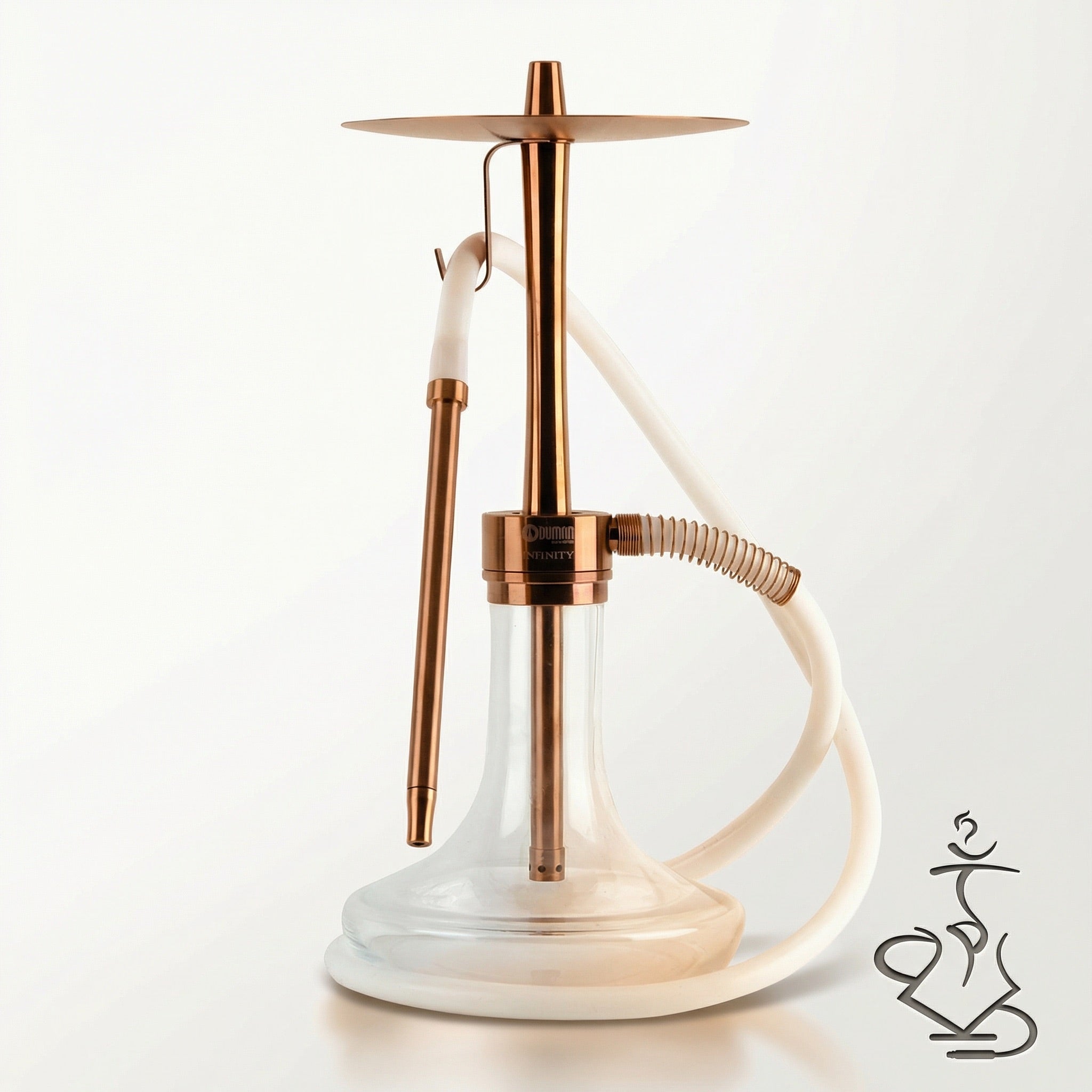 Oduman Infinity shisha pipe variant in warm bronze body with clear transparent glass base, 45 cm tall with upward purge and built-in diffuser.