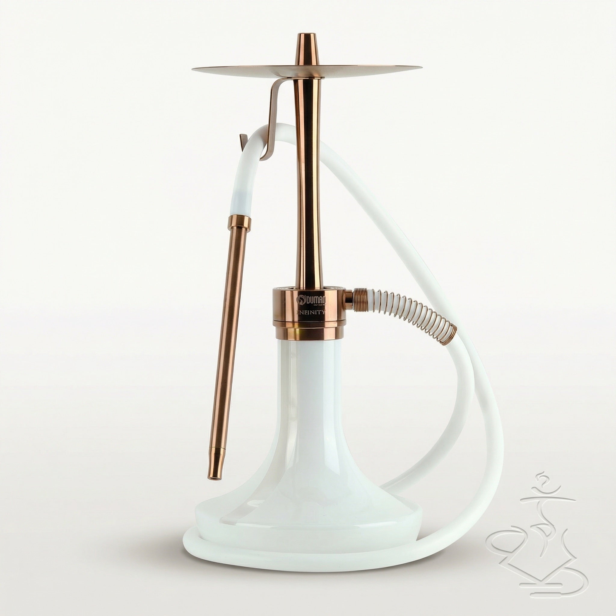 Oduman Infinity 45 cm shisha pipe in bronze body with glossy white glass base, featuring upward smoke purge, integrated coal holder tray and built-in diffuser.