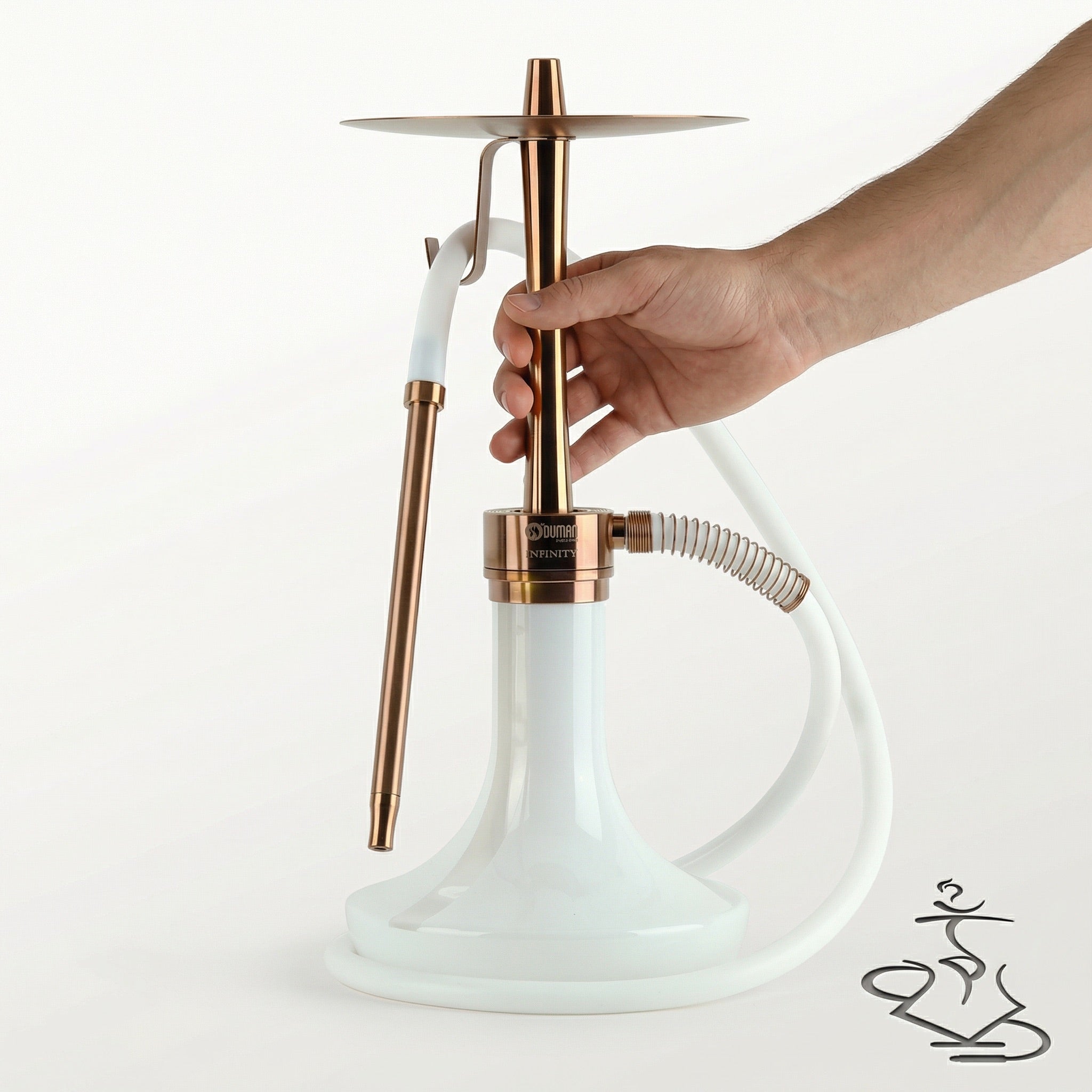 Hand holding the Oduman Infinity 45 cm bronze and white glass shisha pipe by the central stem, showing real-world size of the compact upward purge hookah.