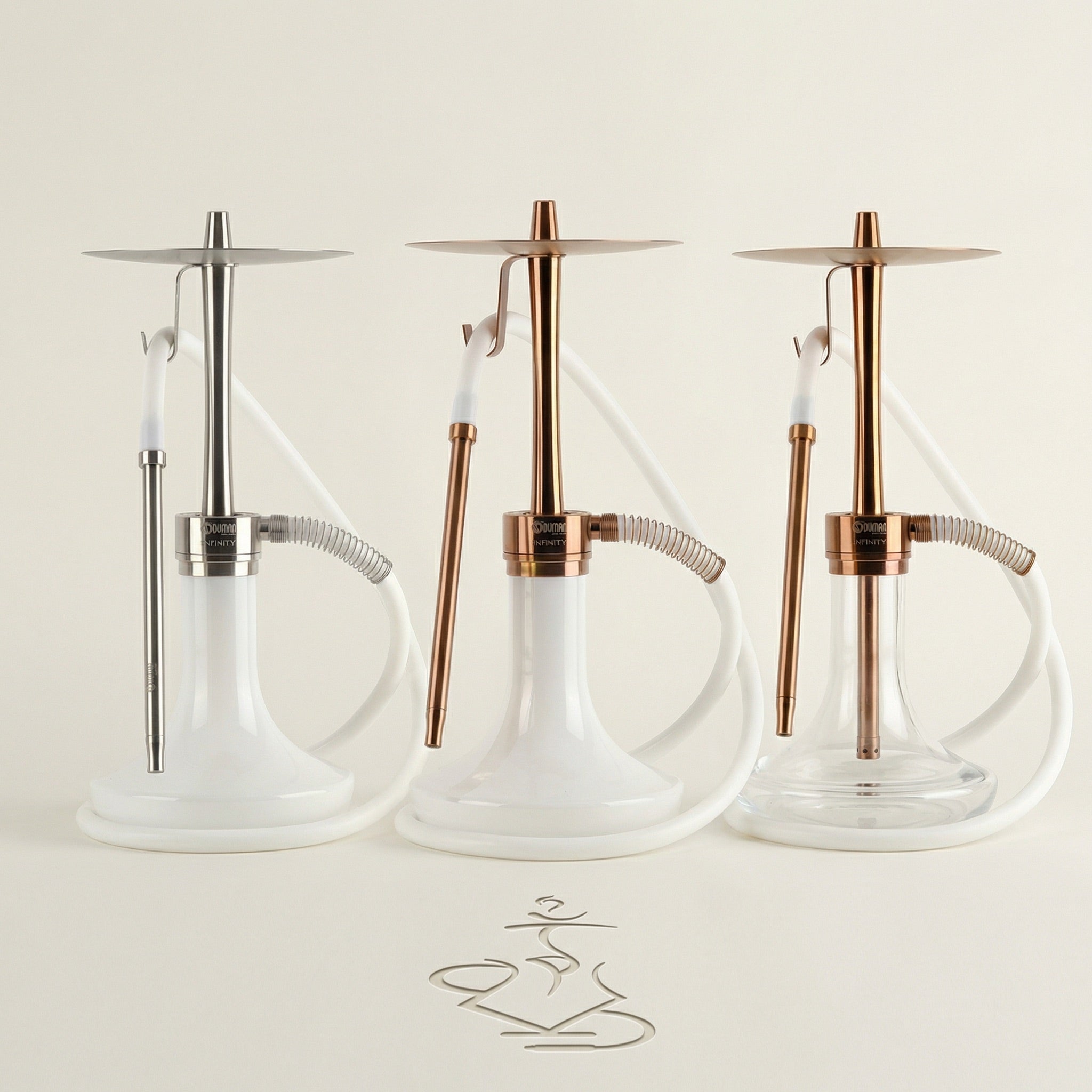 All three Oduman Infinity 45 cm shisha pipe variants side by side — silver body white glass, bronze body white glass and bronze body clear glass.