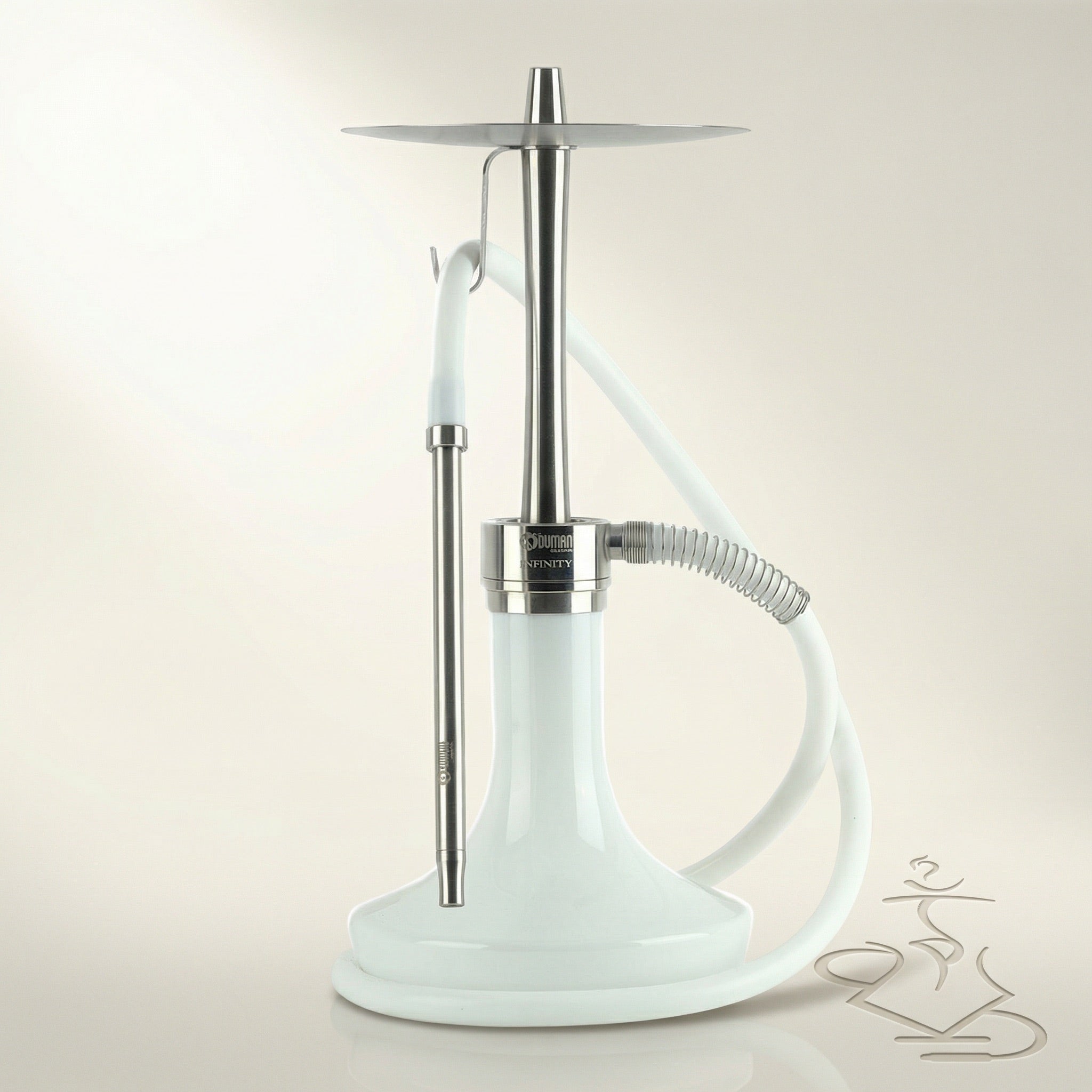 Oduman Infinity shisha pipe variant in brushed stainless steel body with glossy white glass base, 45 cm tall with upward purge system.