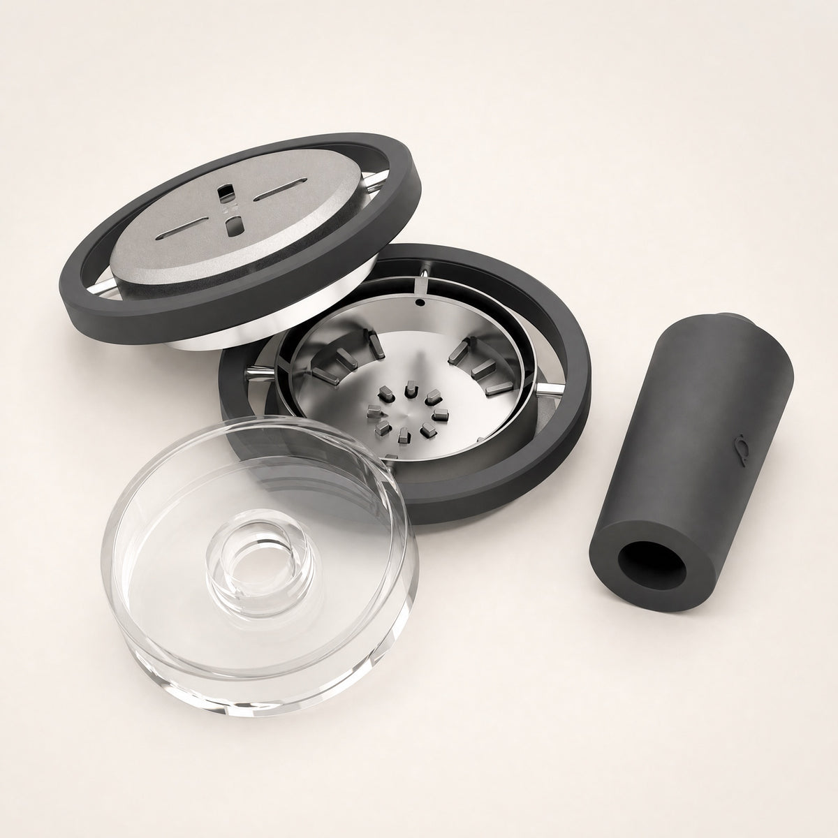 Quasar Raas 2 disassembled: borosilicate glass bowl, vented heating cap and silicone connector laid out, image 5 of 17