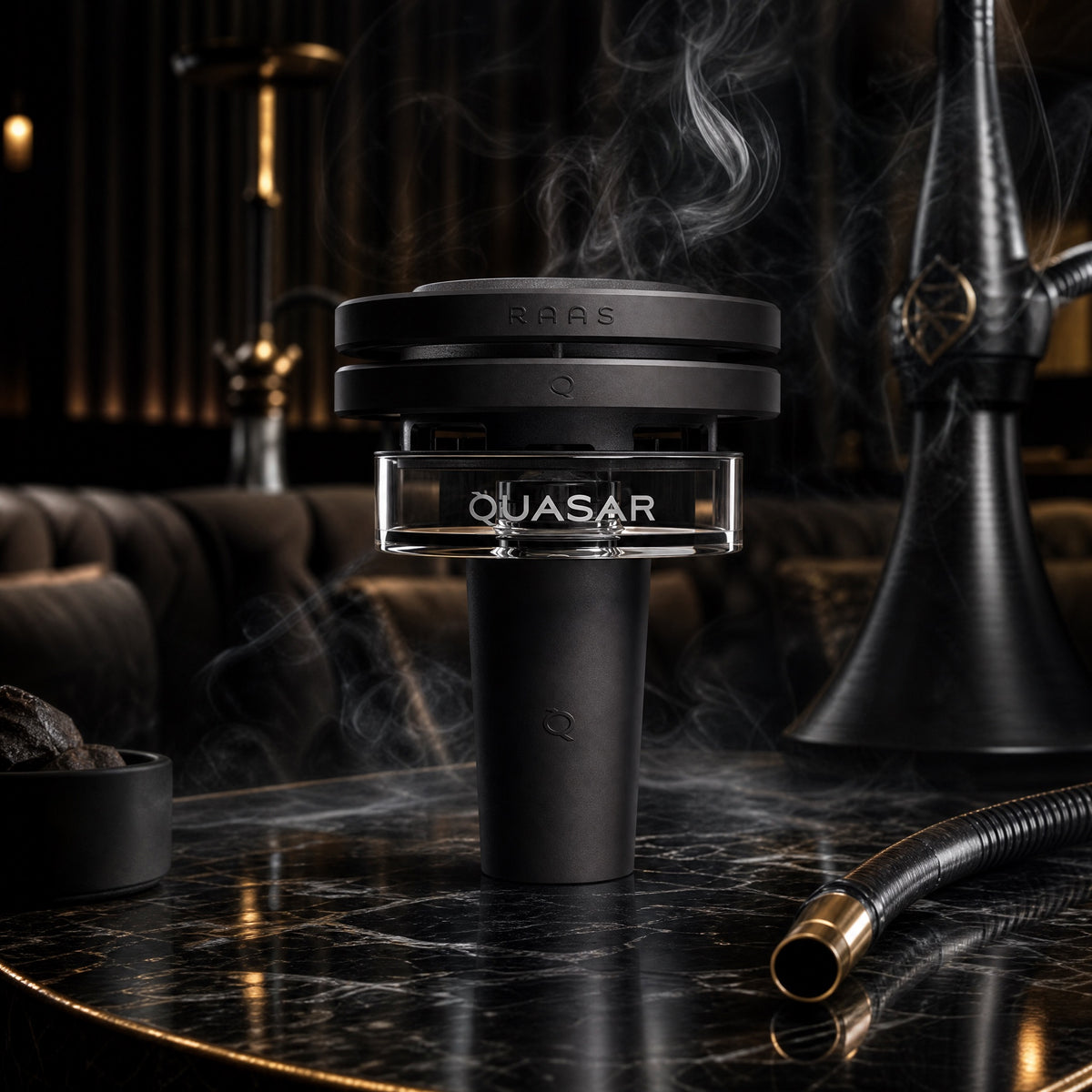 Quasar Raas 2 thermal shisha bowl on black marble in a luxe hookah lounge with gold accents, image 3 of 17
