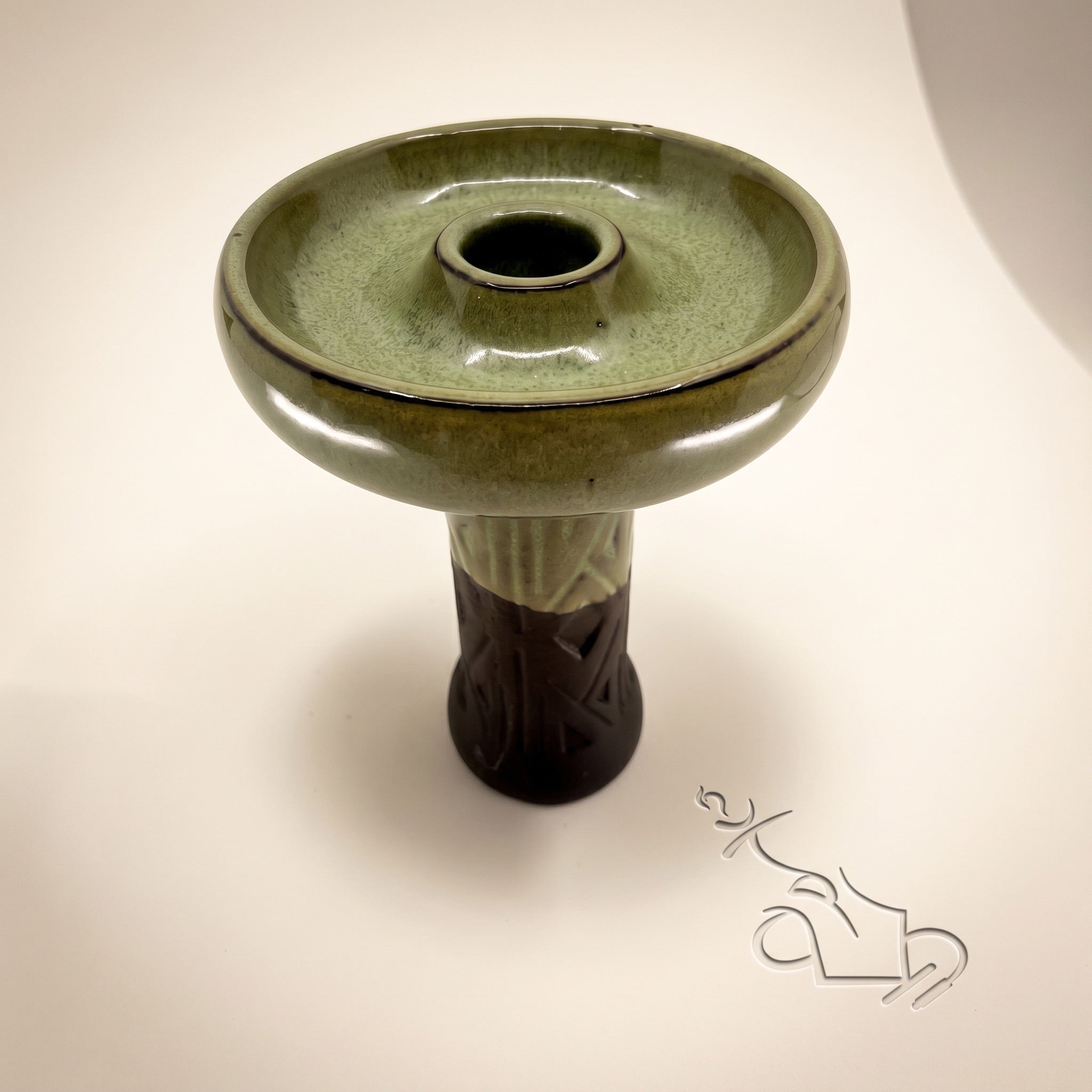 Queen phunnel bowl in Enchanted — glossy deep olive green glaze with dark rim and matte carved stem, The Premium Way.