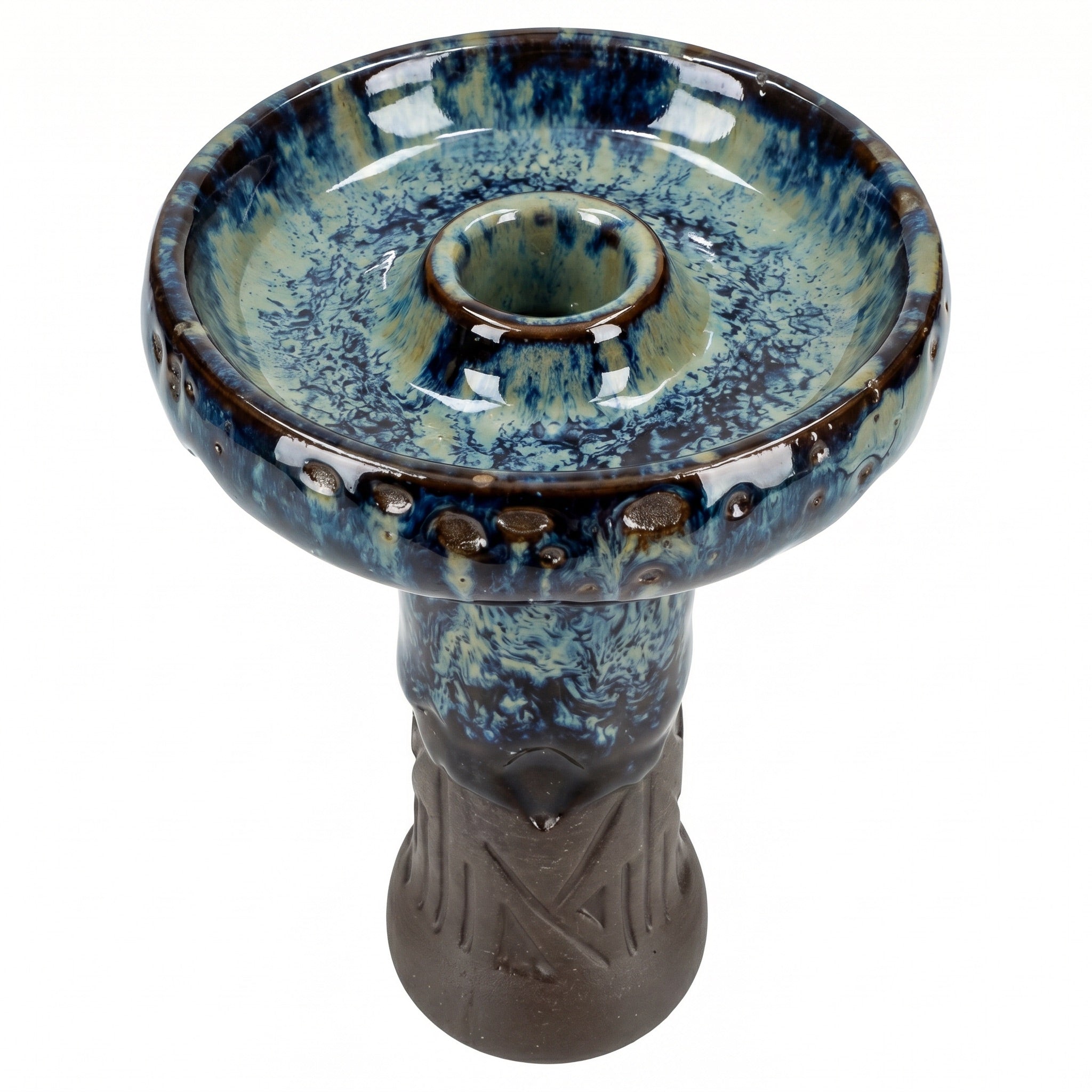 Queen phunnel bowl in Frozen on pure white — blue-teal reactive glaze with cream mottle and carved stem, The Premium Way.
