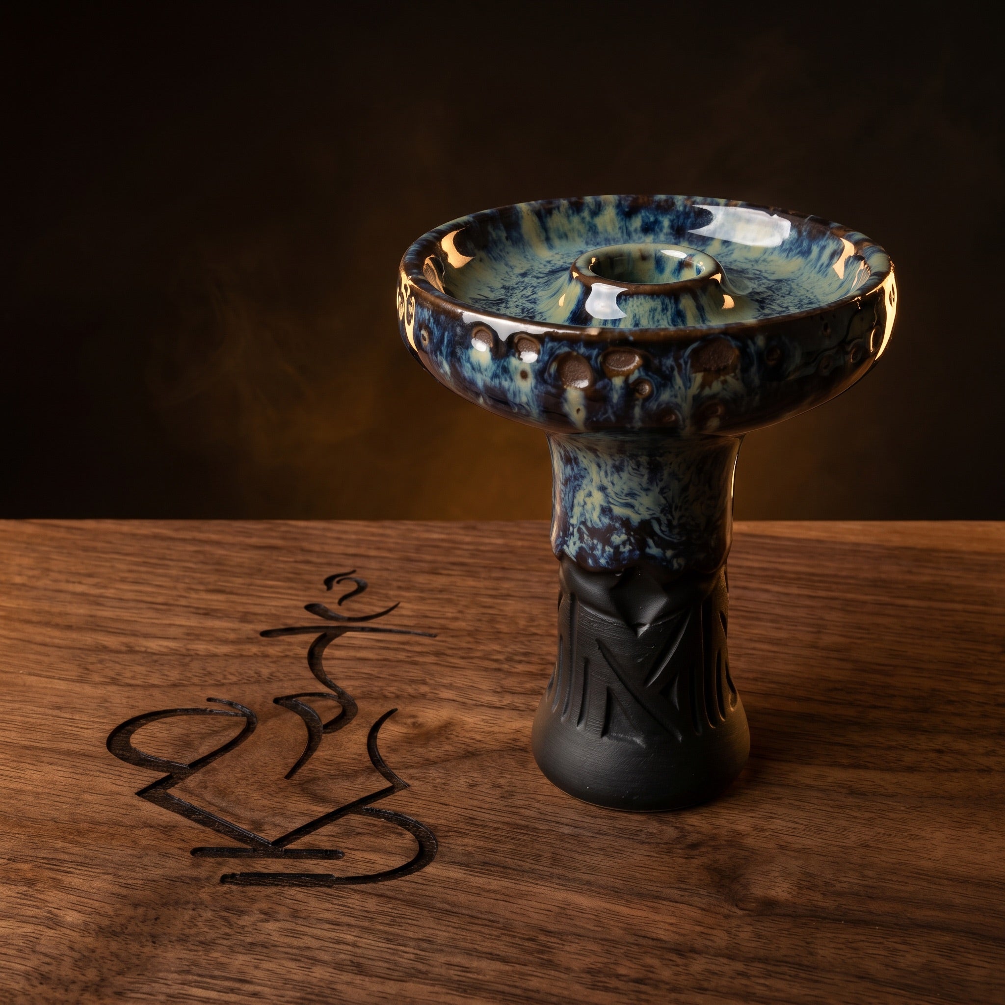 Queen phunnel bowl in Frozen on dark walnut with warm amber light — glossy blue-teal reactive glaze, The Premium Way.