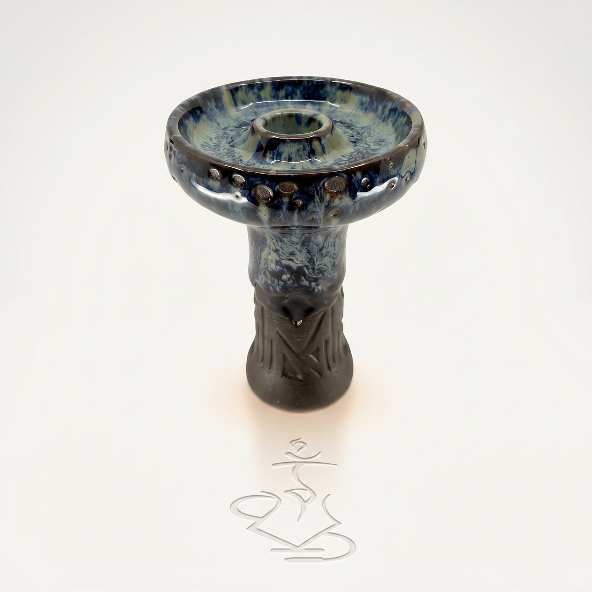 Queen phunnel bowl in Frozen on warm white studio sweep — glossy blue-teal reactive drip glaze, carved stem, The Premium Way., image 2 of 8