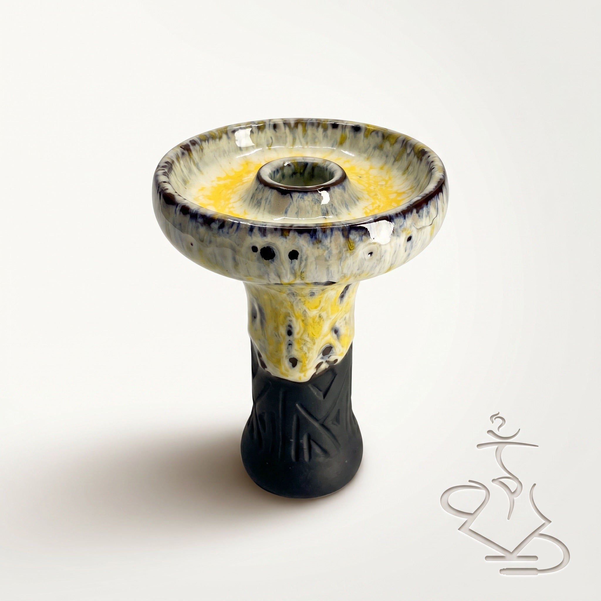 Queen phunnel bowl in Sunlight — vibrant yellow glaze with cream and blue streaks, dark rim speckle, The Premium Way.