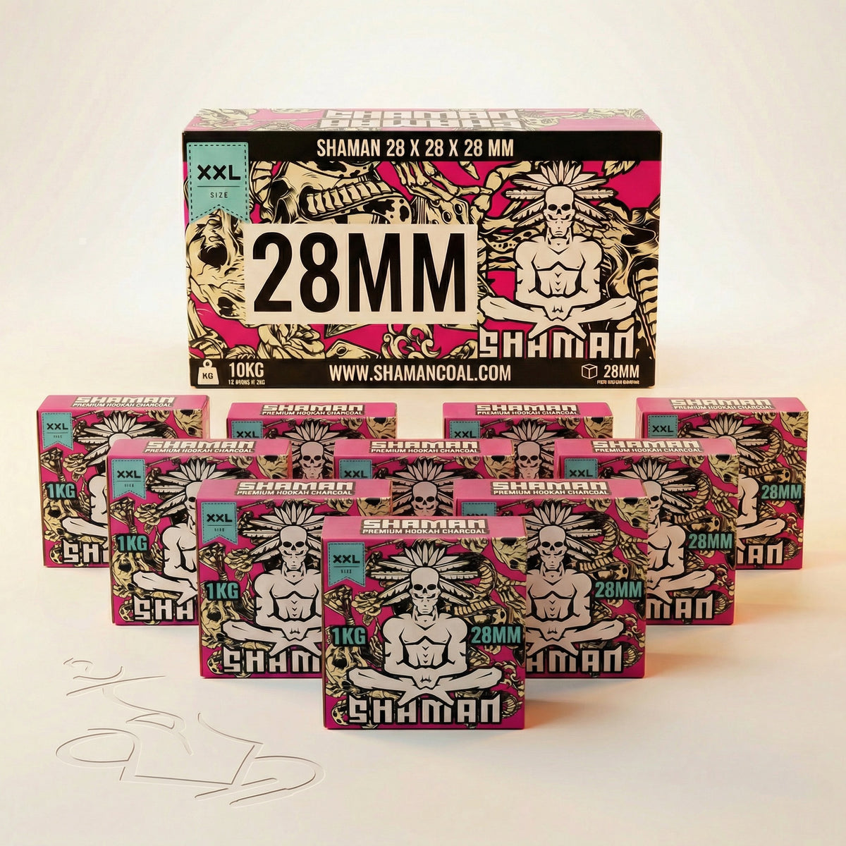 Shaman 28mm coconut charcoal 10kg master case with ten individual 1kg boxes displayed in front showing full case contents on warm white studio background, image 6 of 10