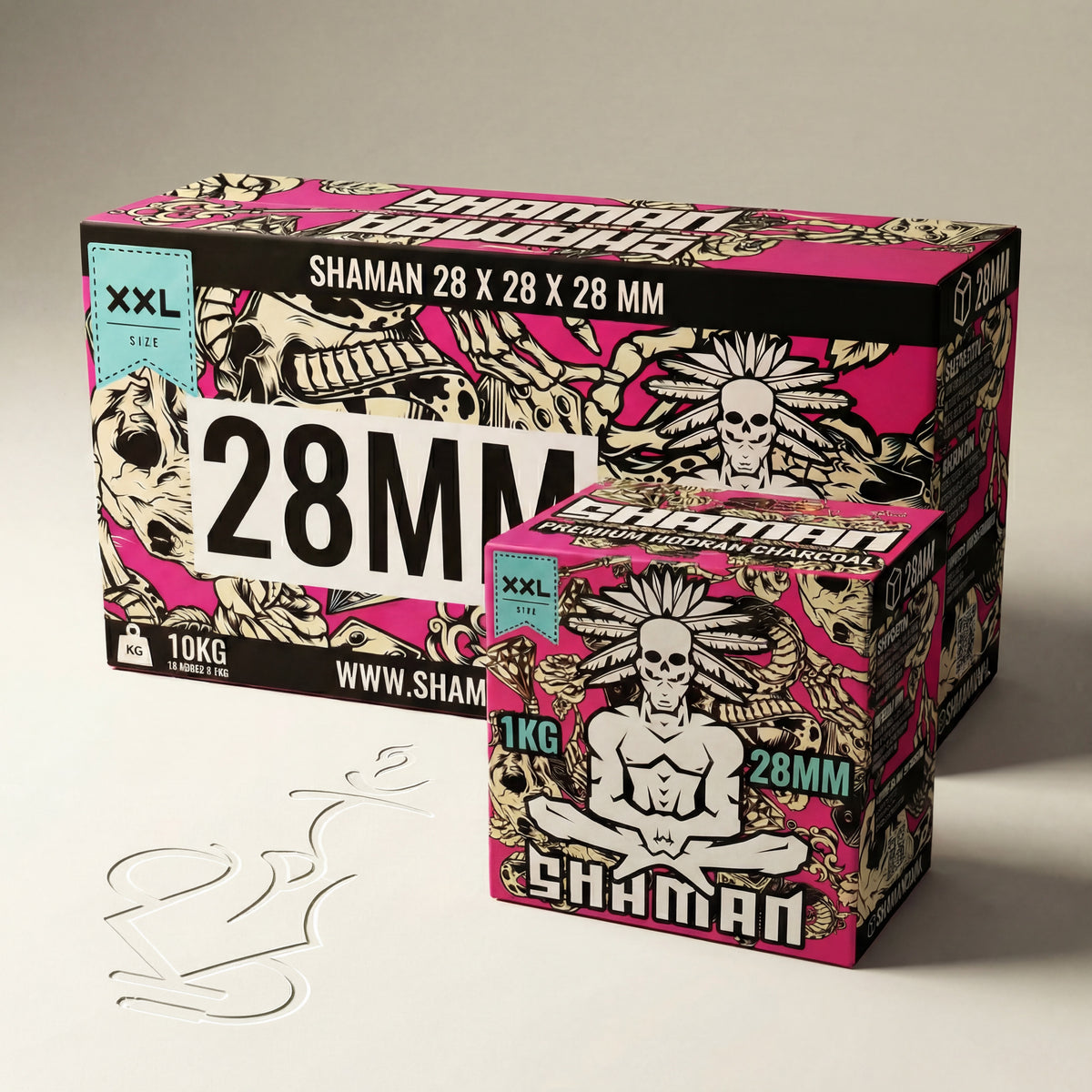Shaman 28mm coconut shisha charcoal 10kg master case alongside 1kg box showing size comparison between both packaging options on warm white studio background, image 2 of 10