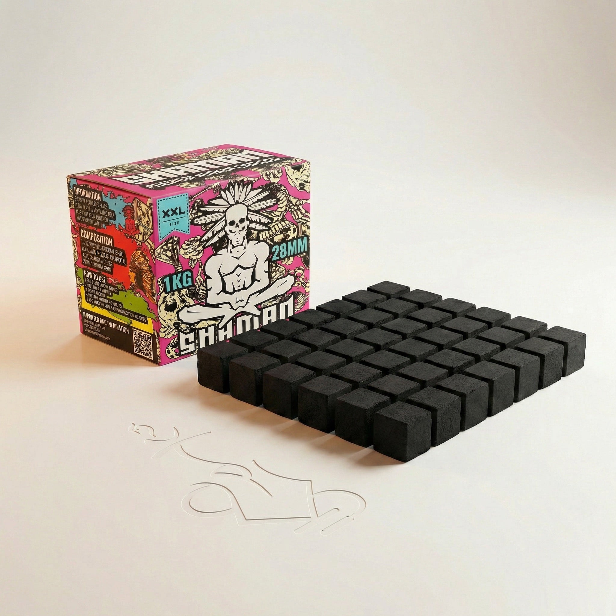 Shaman 28mm coconut charcoal 1kg box with all 48 cubes arranged in neat grid formation showing full box contents on warm white studio background