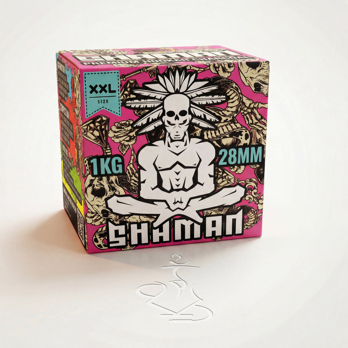 Shaman 28mm coconut shisha charcoal 1kg box three-quarter view showing vivid pink packaging with Shaman mascot artwork and XXL size badge on warm white studio background, image 4 of 10