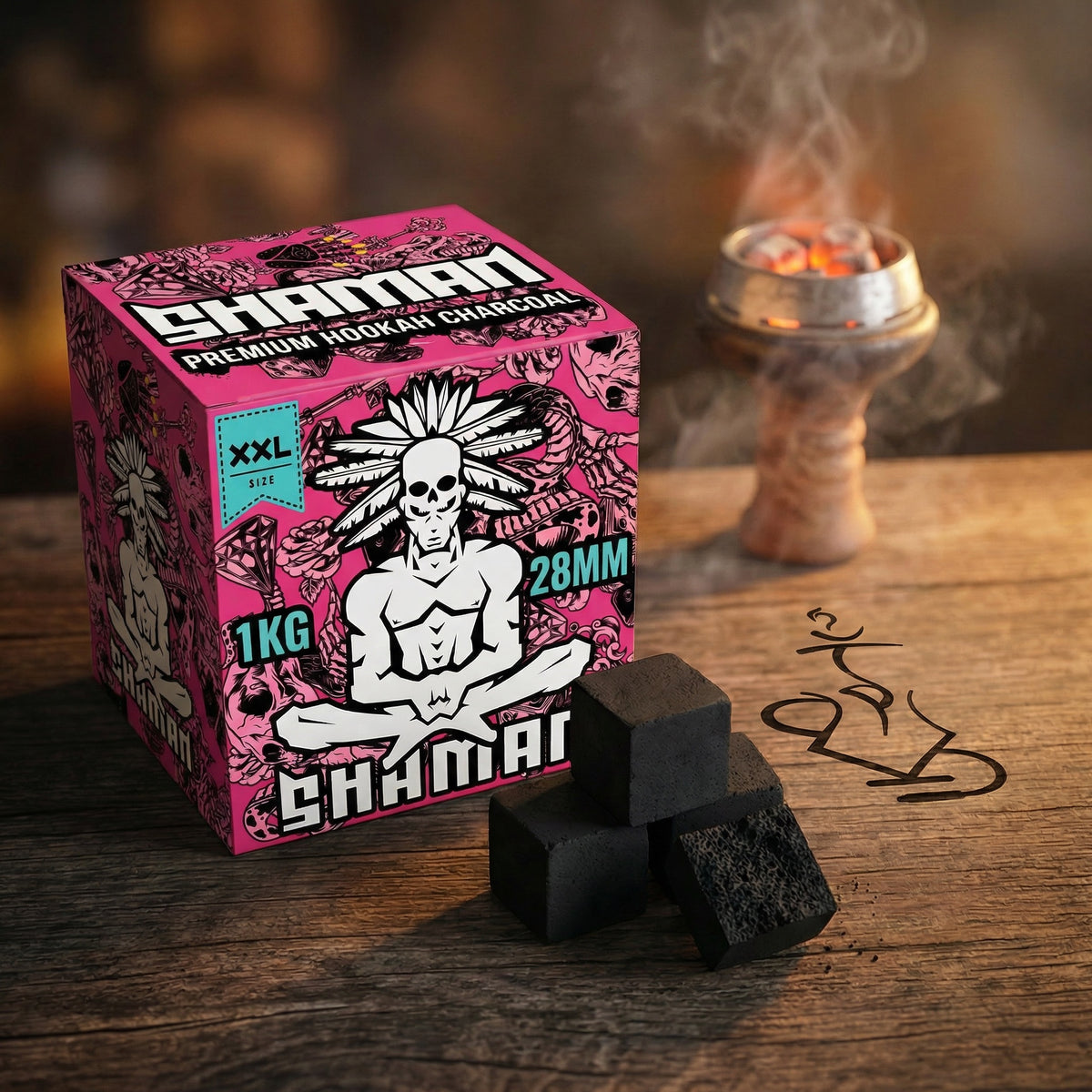 Shaman 28mm coconut charcoal 1kg box on wood surface with loose cubes and glowing coals on hookah bowl in warm session setting, image 3 of 10