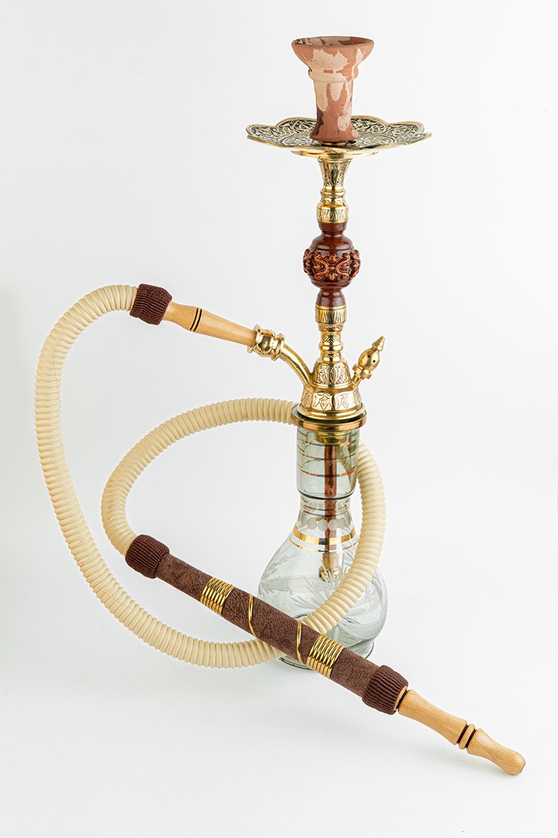 Shika Amazonia Brass and Wood Shisha Pipe, full set with glass base, hose and bowl, on white, image 7 of 7
