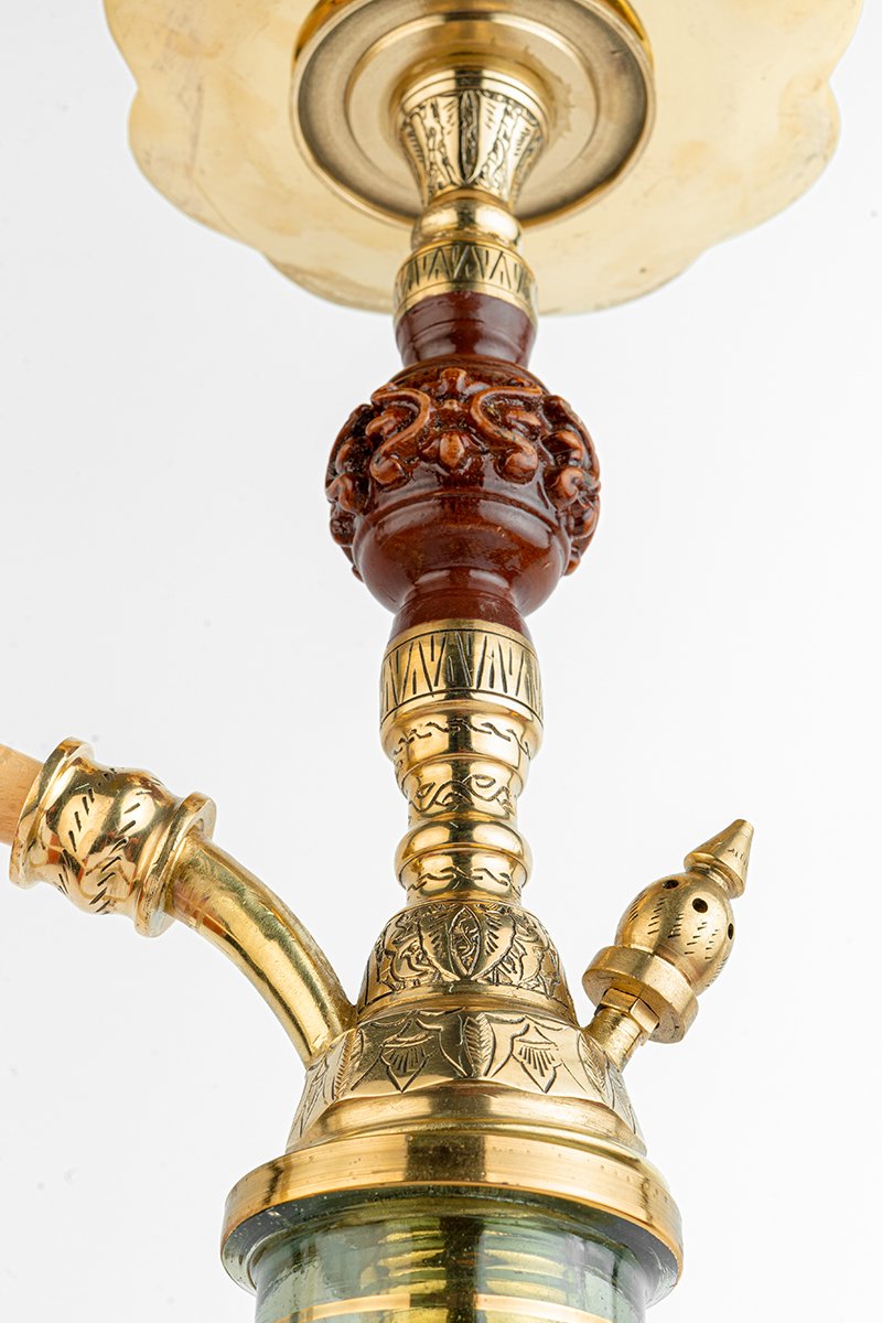 Shika Amazonia Brass and Wood Shisha Pipe, upper stem and tray, hand engraved brass, image 2 of 7